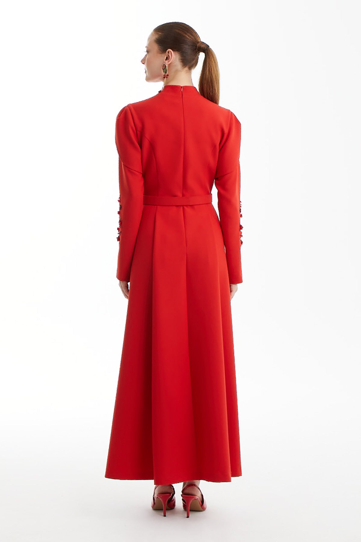 Red Dress with Embroidered Sleeve Detail