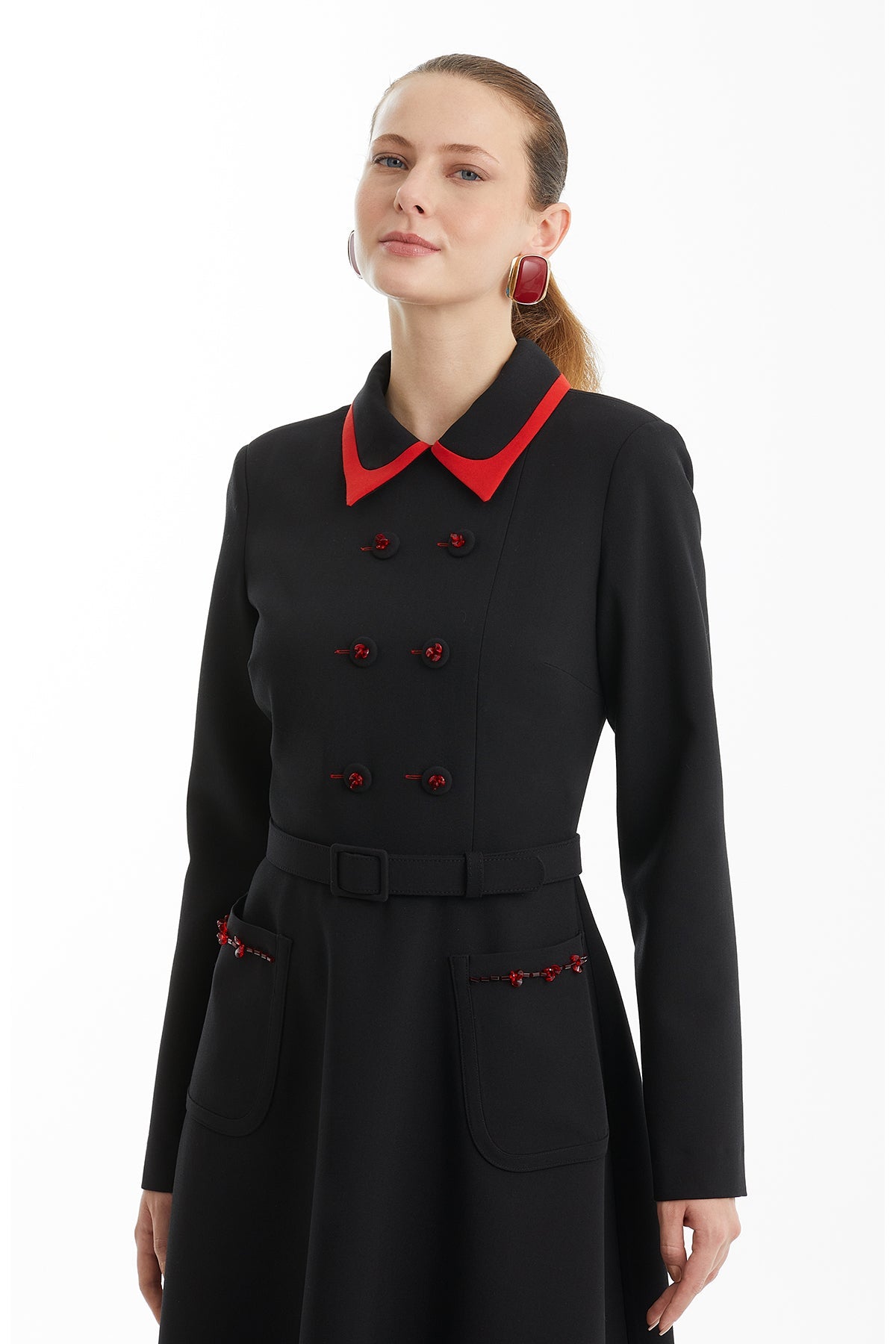 Black Embroidered Dress with Contrast Collar Detail