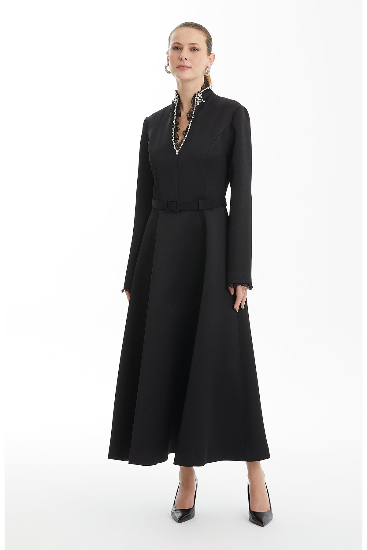 Black Crystal Embroidered Dress with Lace Detail