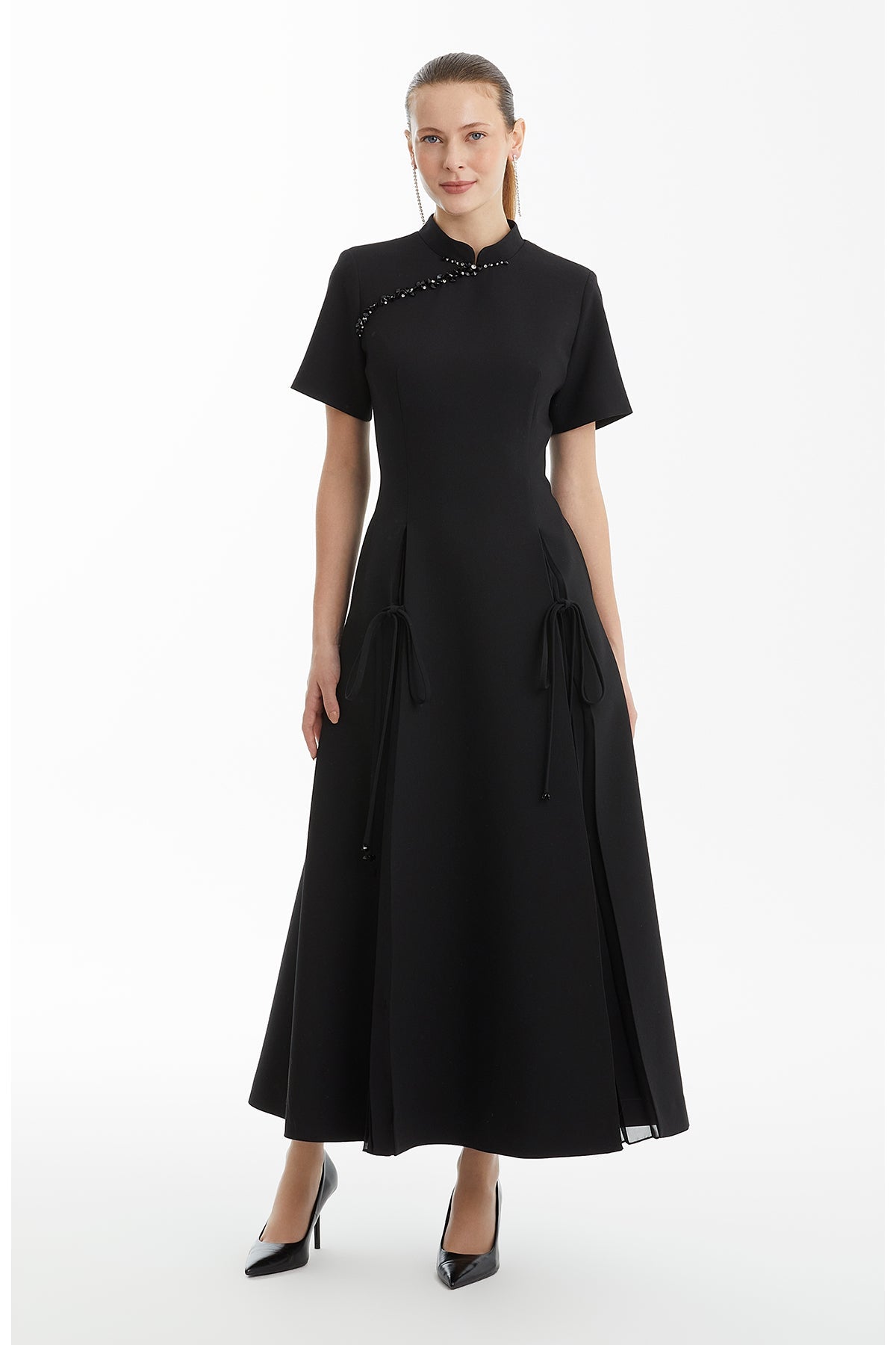 Black Pleated Dress with Slit Detail