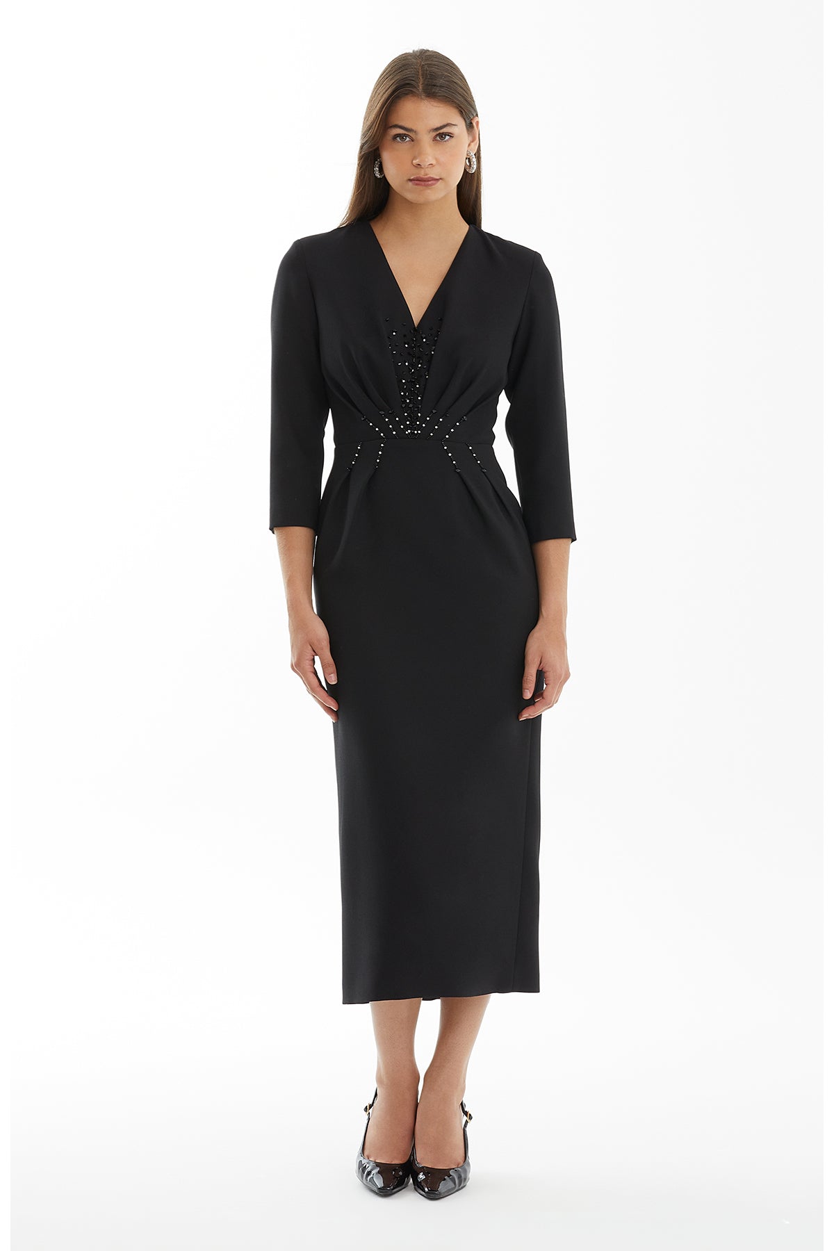 Black Pleated Dress with Embroidery Detail