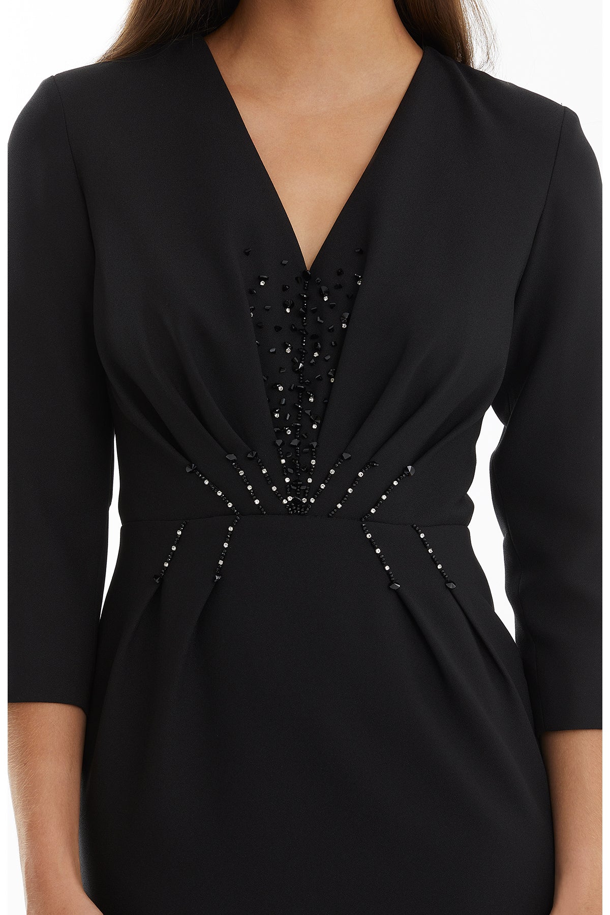 Black Pleated Dress with Embroidery Detail