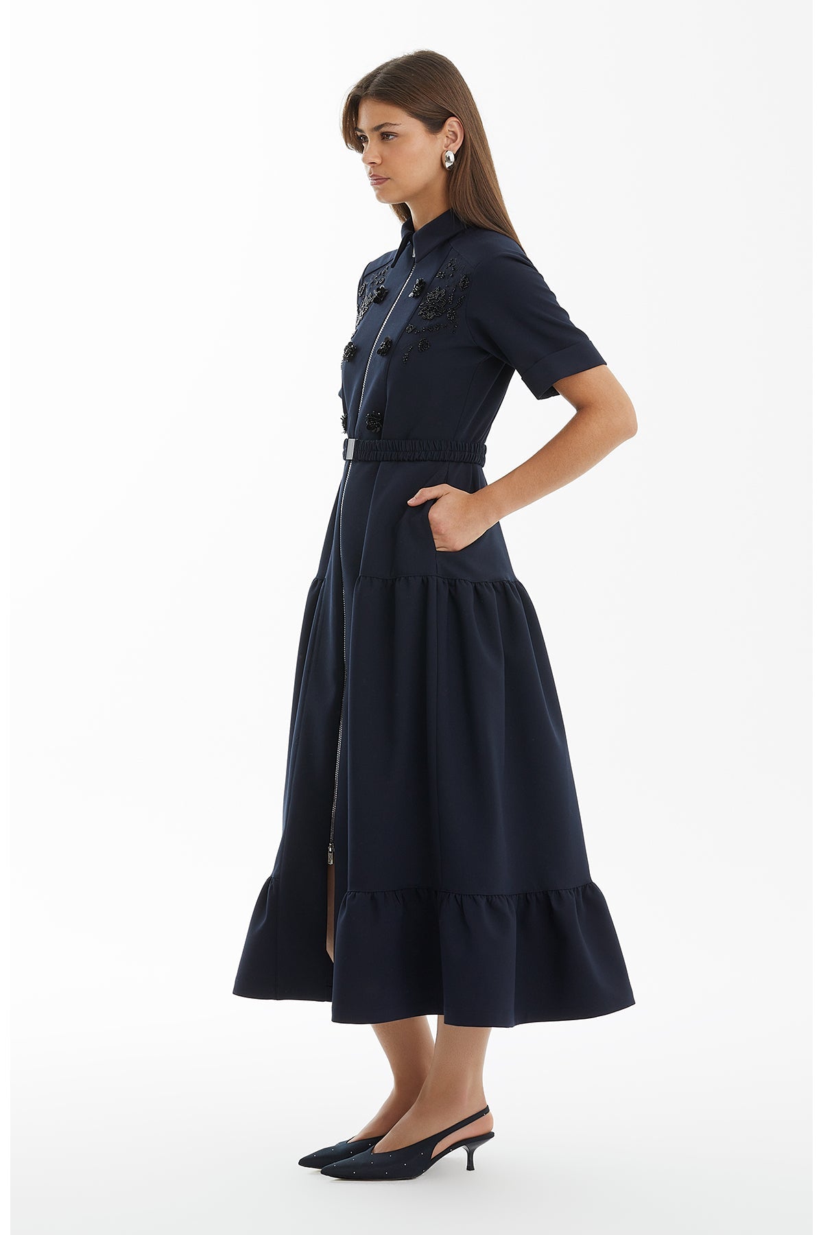 Dark Navy Dress with Embroidery and Needlework Detail