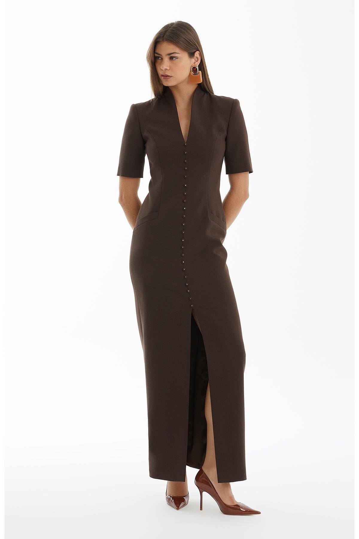 Brown Long Dress with Slit Detail