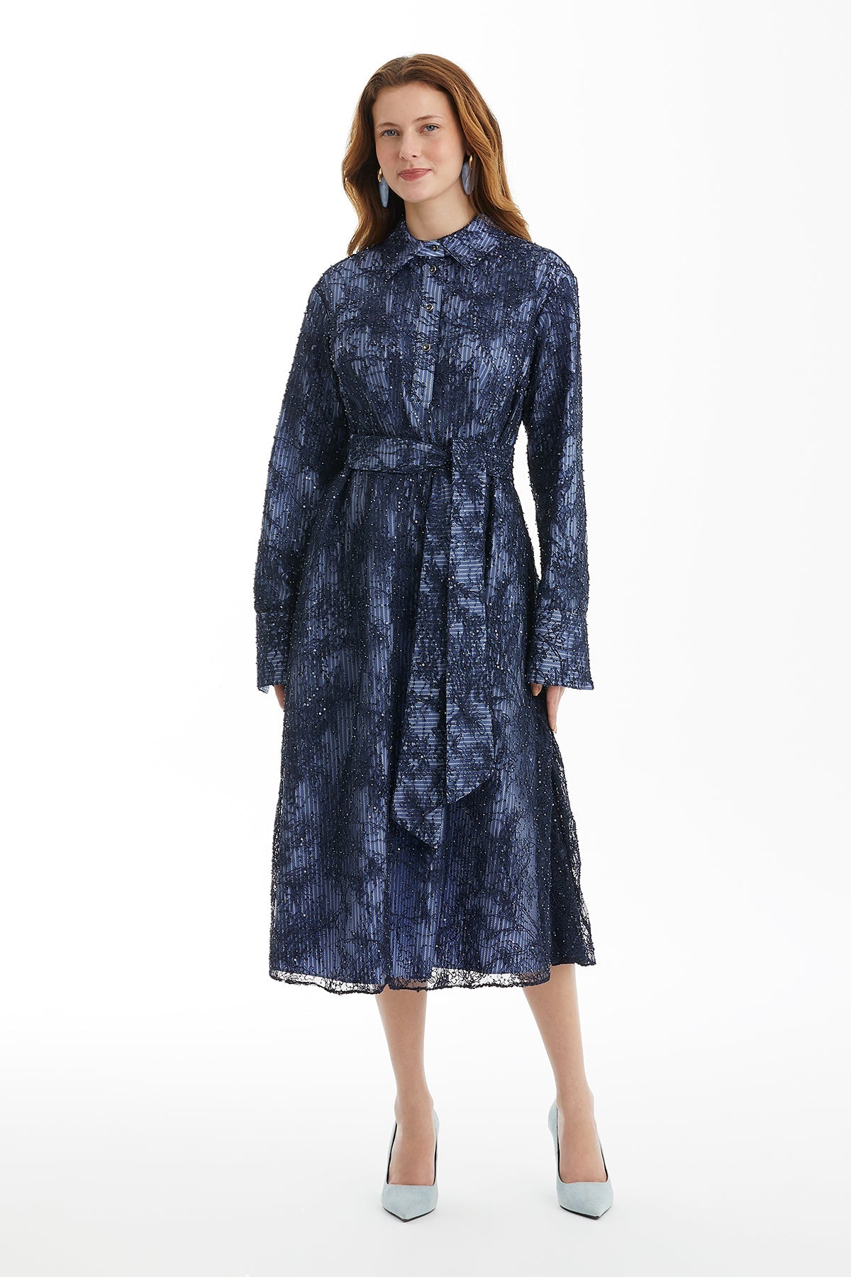 Dark Navy Double Layer Patterned Dress with Tie Belt