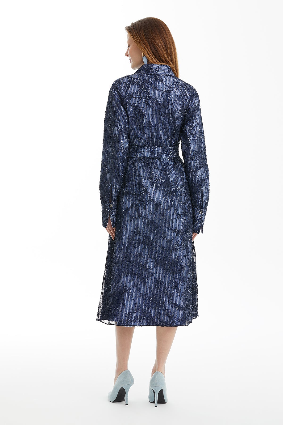 Dark Navy Double Layer Patterned Dress with Tie Belt