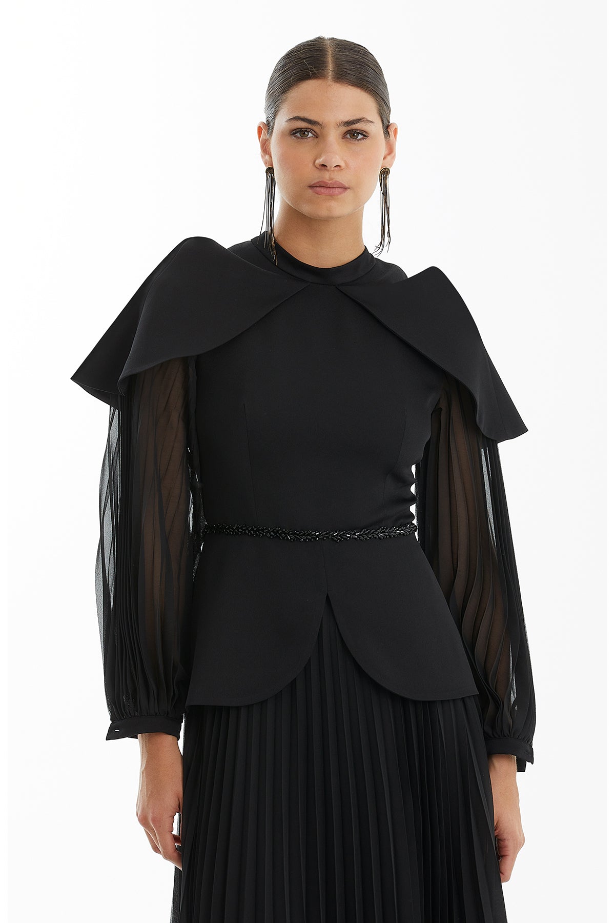 Black Embroidered Cape Sleeve Pleated Maxi Dress