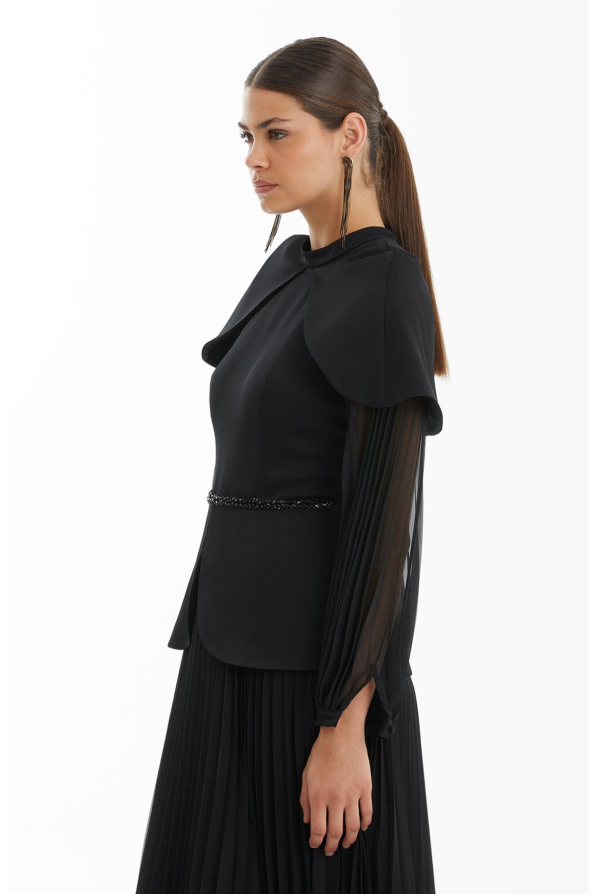 Black Embroidered Cape Sleeve Pleated Maxi Dress