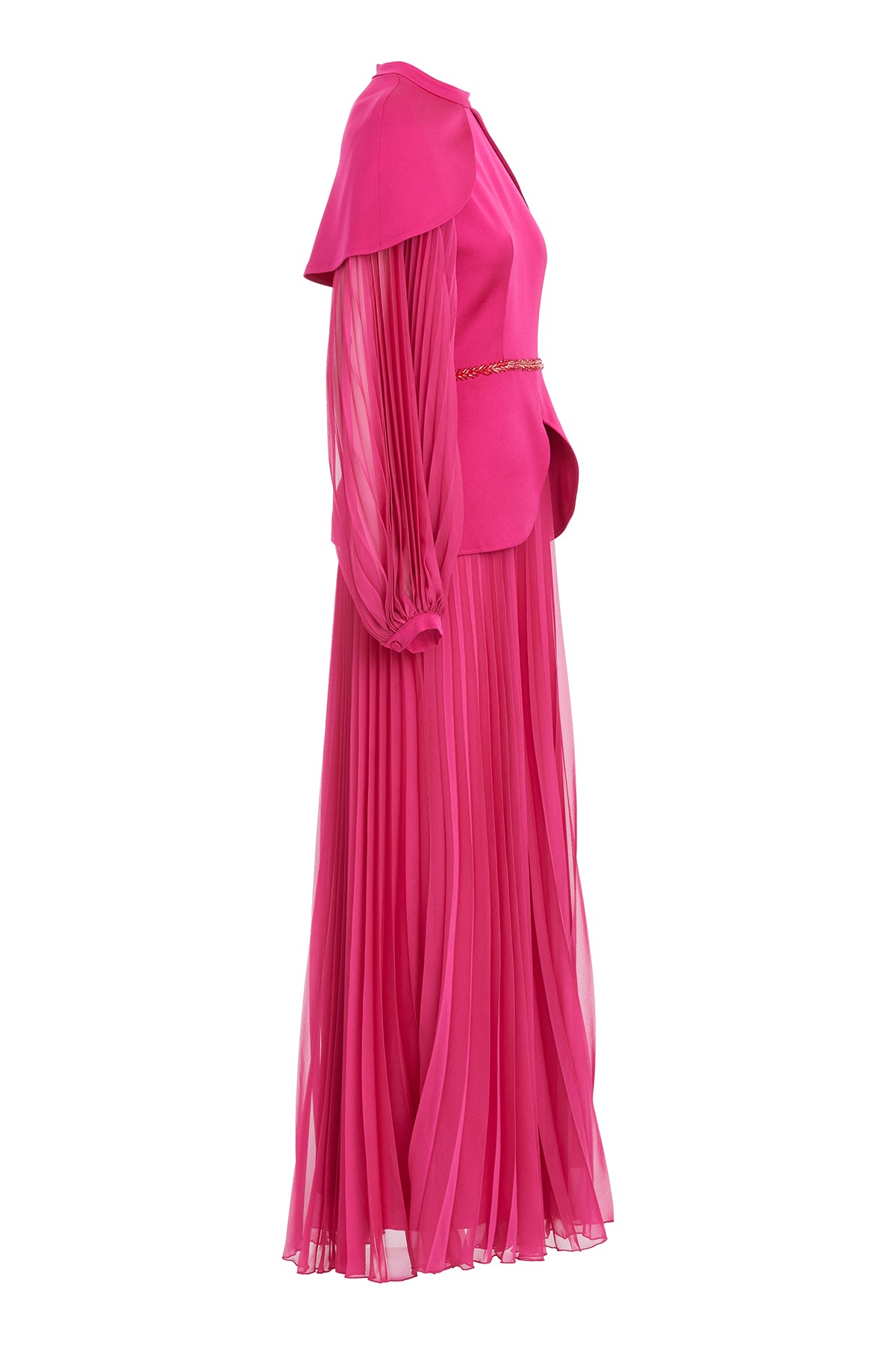 Pink Embroidered Cape Sleeve Pleated Maxi Dress