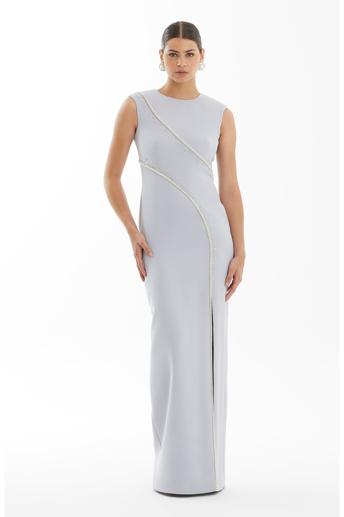 Blue Embroidered Slit Crepe Dress