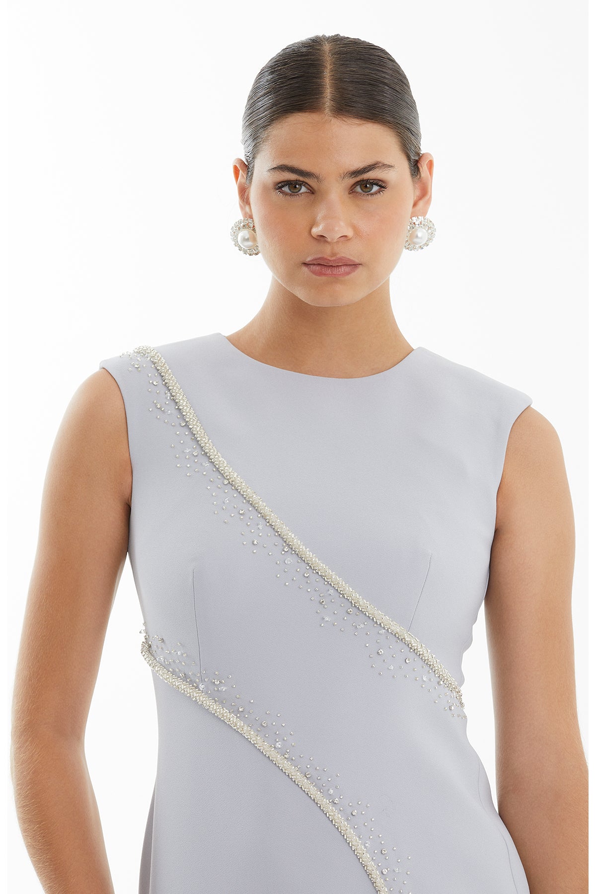 Blue Embroidered Slit Crepe Dress