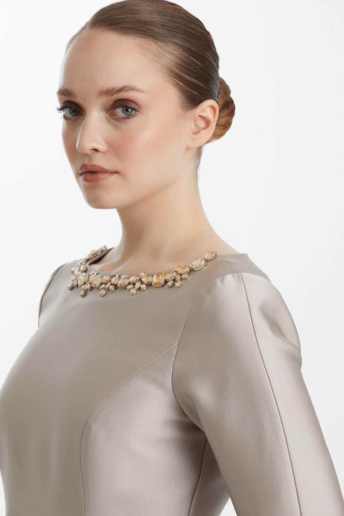 Beıge Stone-Embellished Draped Waist Dress