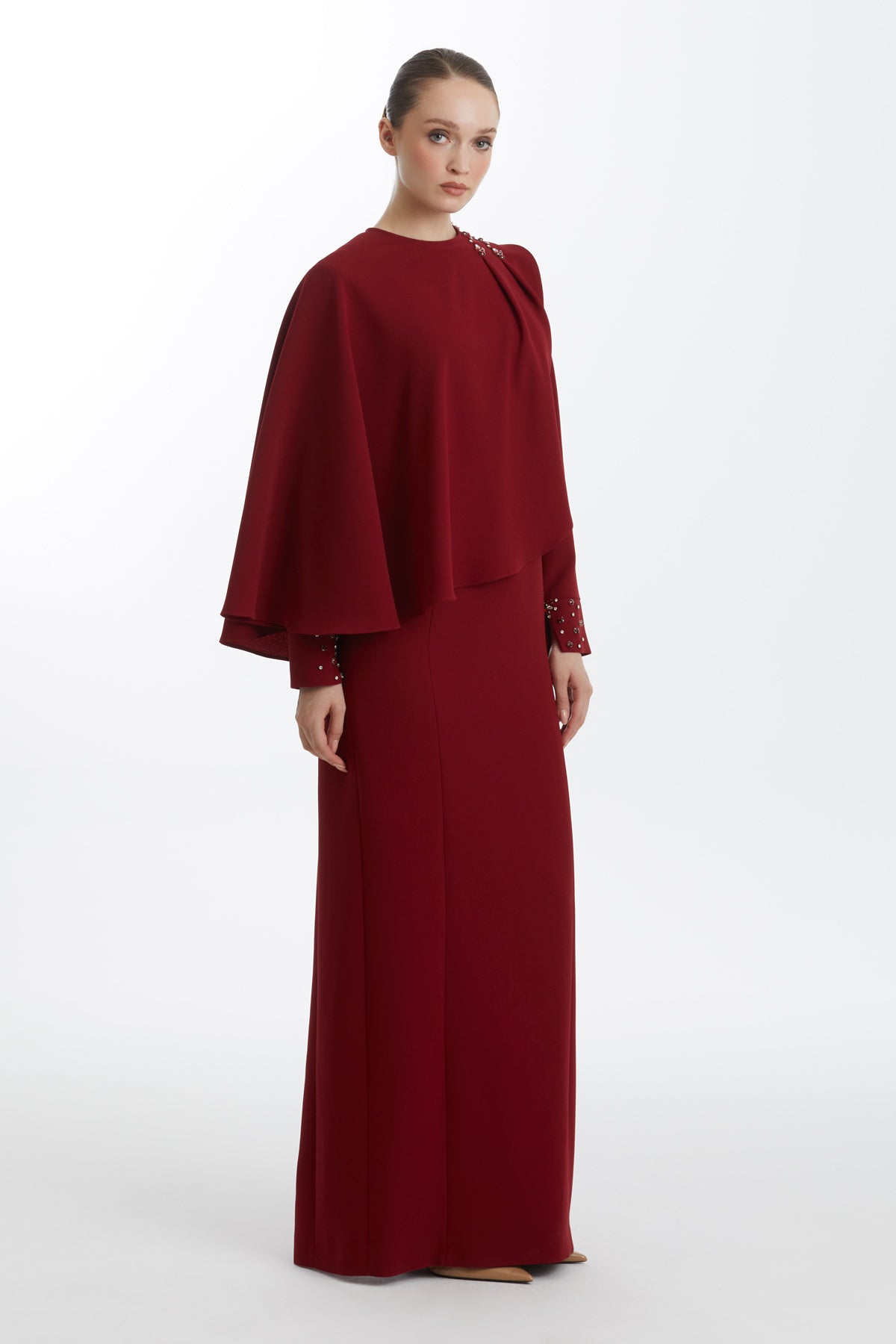 Red Cape Stone-Embellished Dress