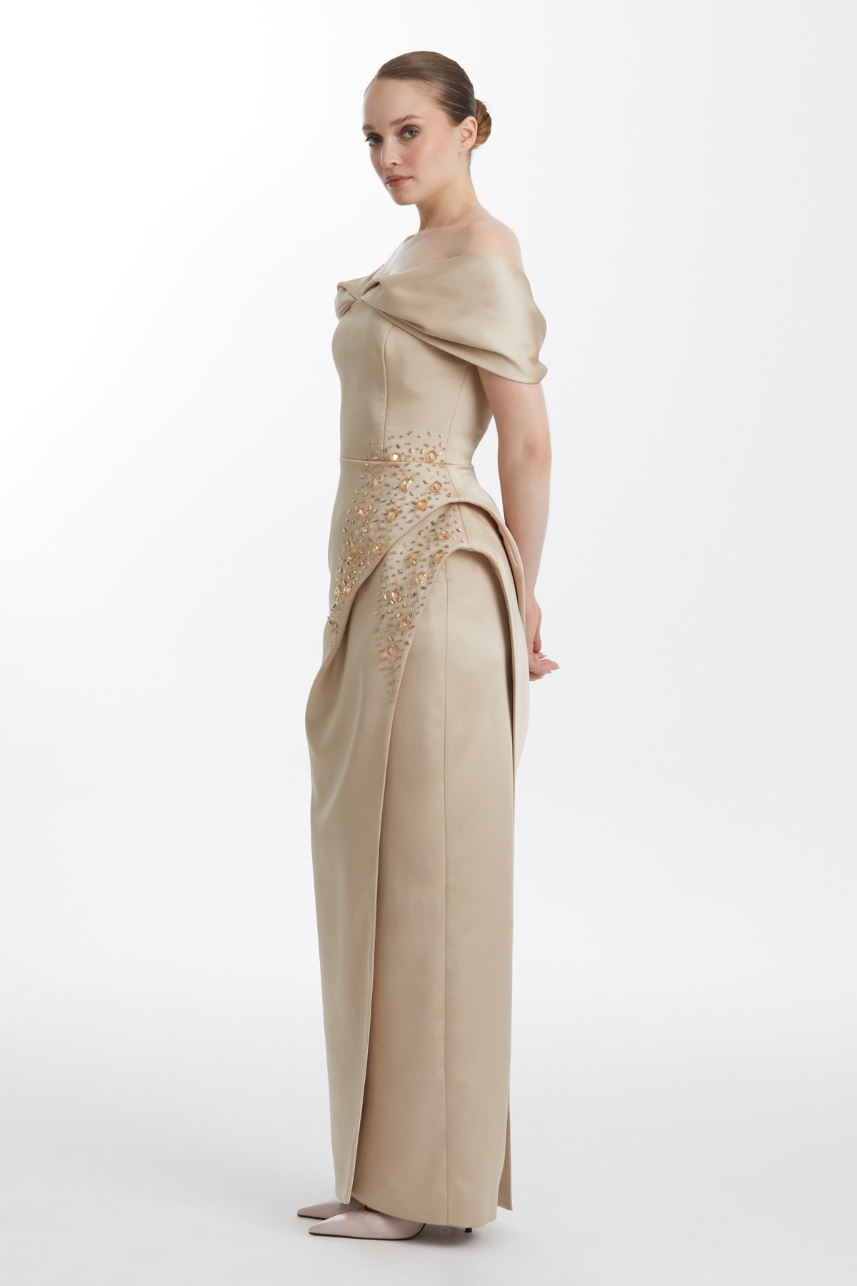 Beige Embroidered Dropped-Shoulder Asymmetric Evening Dress