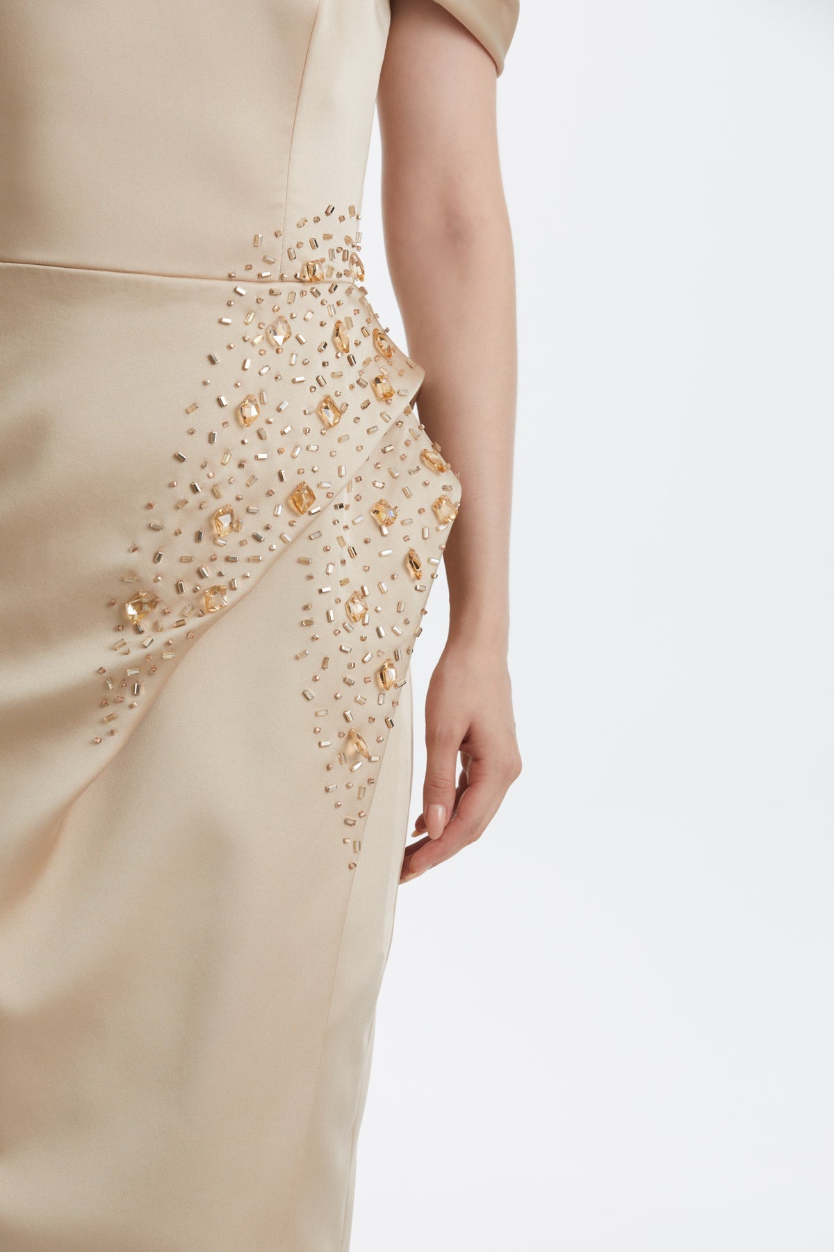 Beige Embroidered Dropped-Shoulder Asymmetric Evening Dress