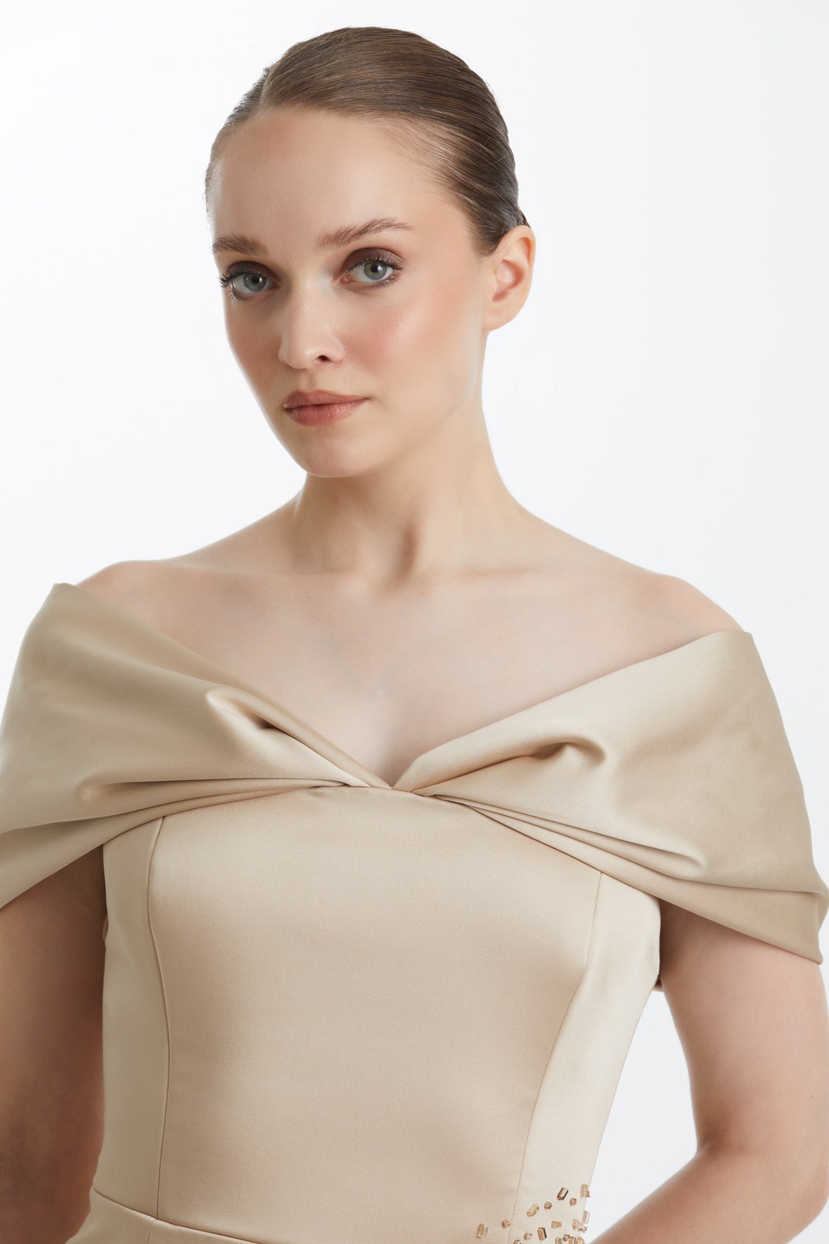 Beige Embroidered Dropped-Shoulder Asymmetric Evening Dress