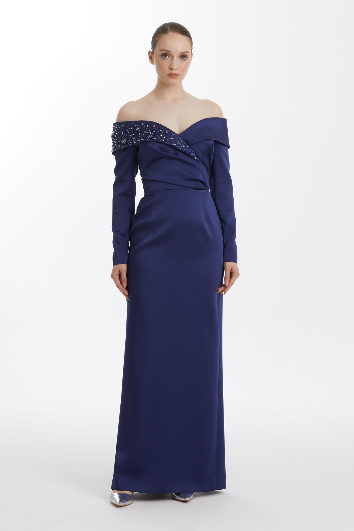 Dark Navy Embroidered Dropped-Shoulder Evening Dress