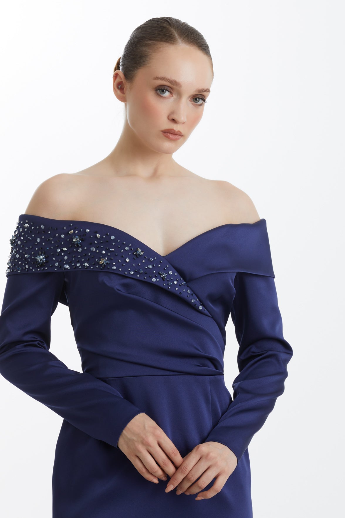 Dark Navy Embroidered Dropped-Shoulder Evening Dress