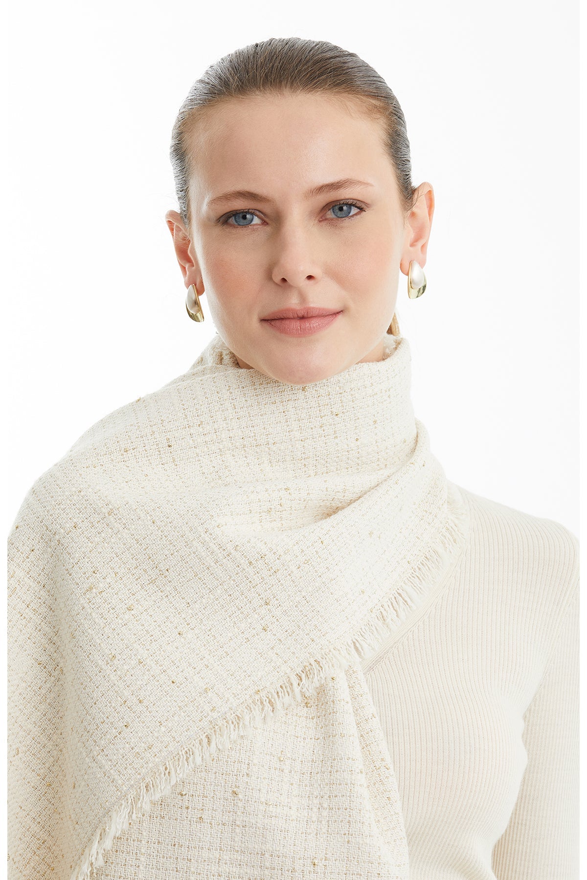 Ecru Fringed Woven Shawl with Lurex Detail