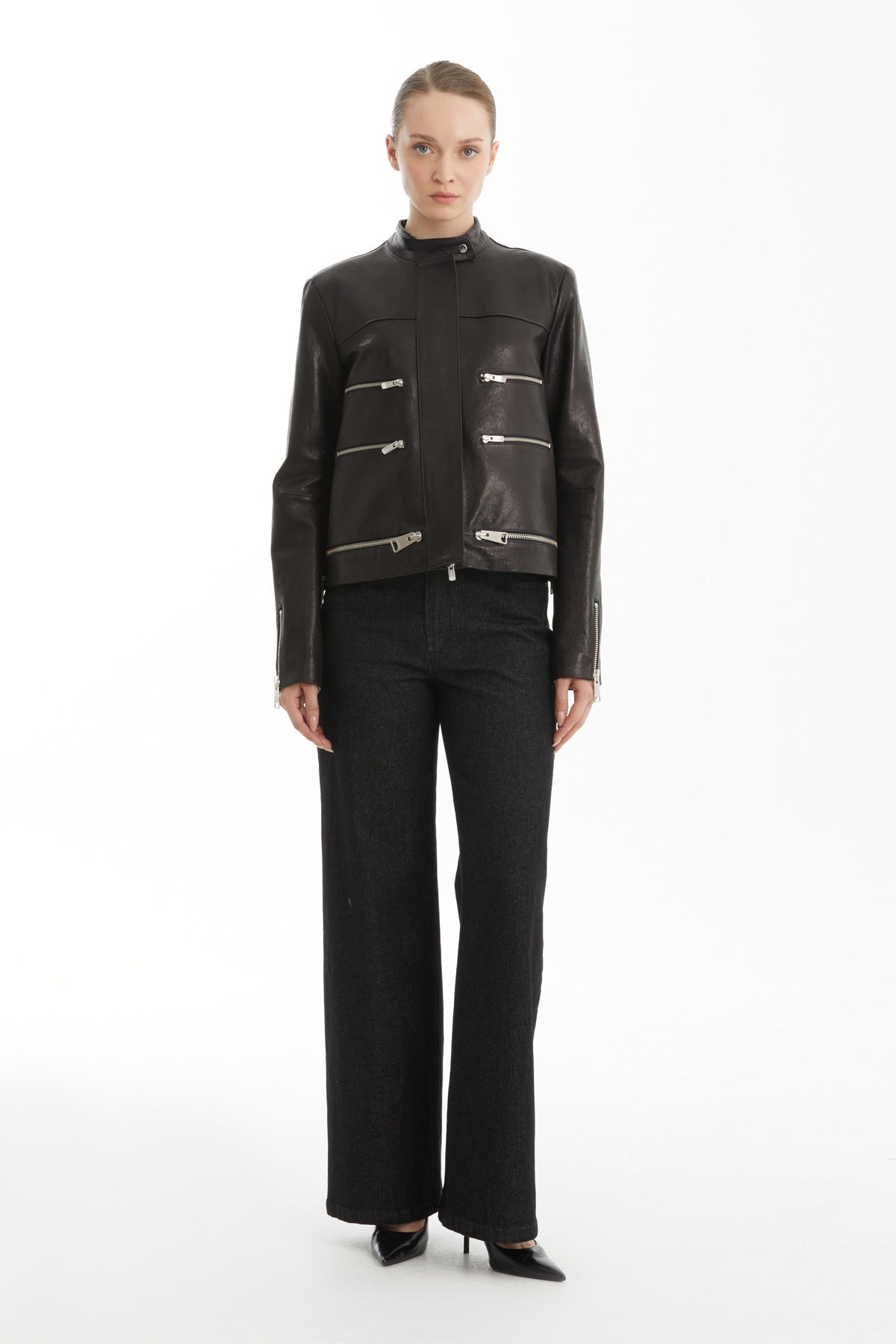 Black Shoulder-Padded Snap-Button Leather Cropped Jacket