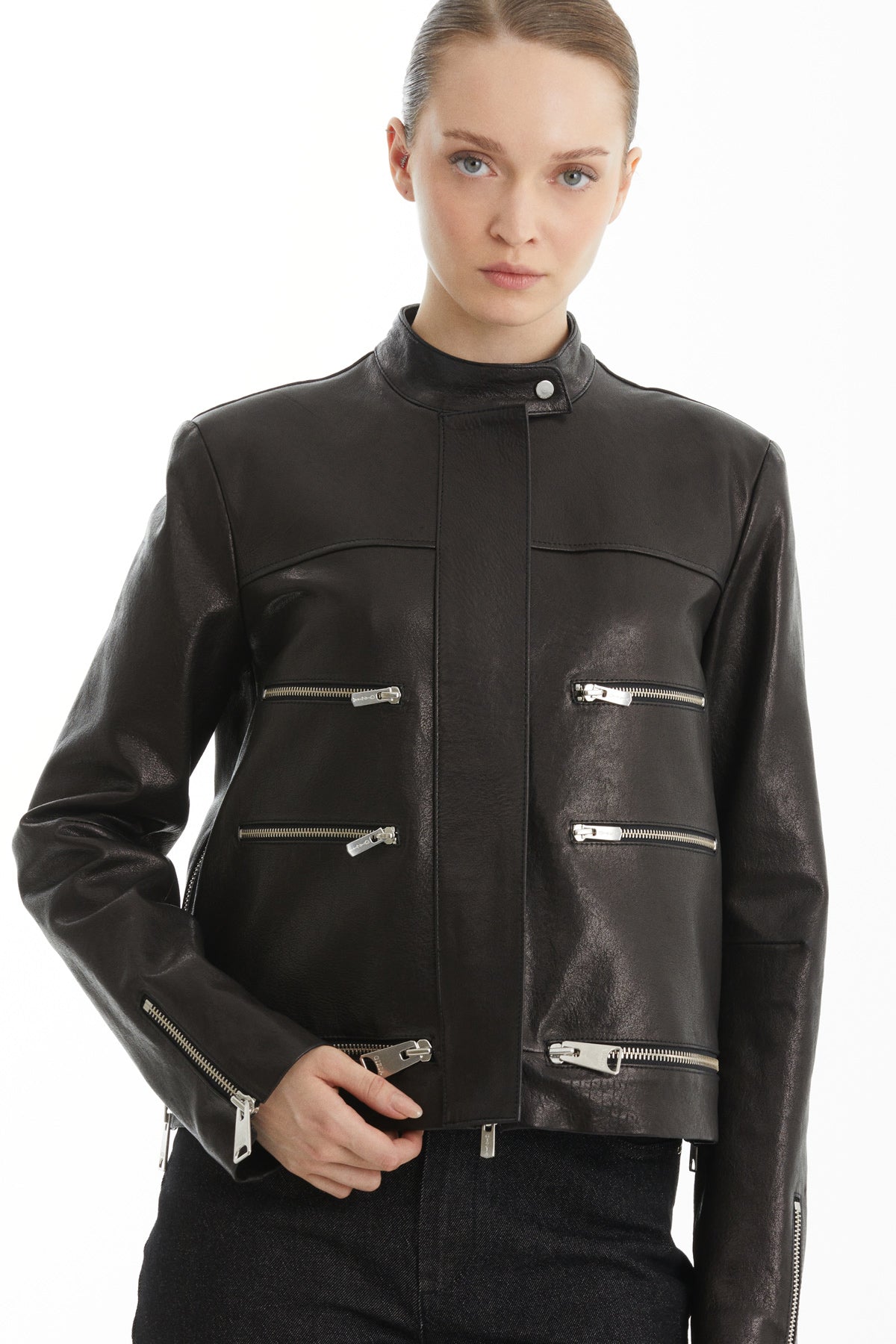 Black Shoulder-Padded Snap-Button Leather Cropped Jacket
