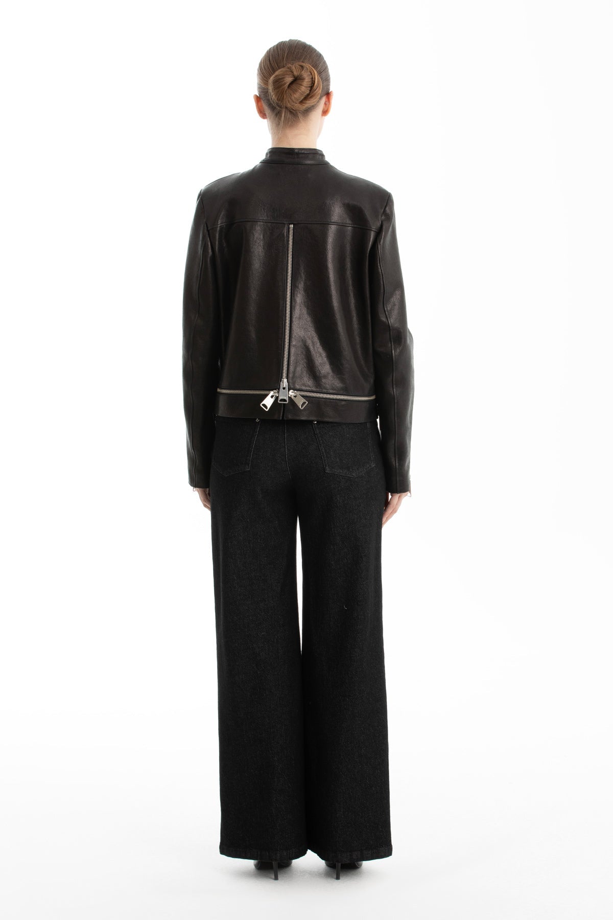 Black Shoulder-Padded Snap-Button Leather Cropped Jacket