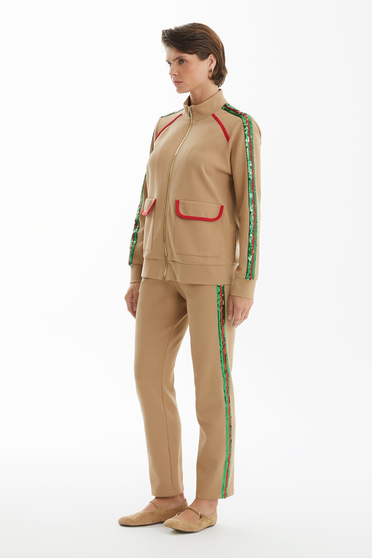 Beige Tracksuit with Trim and Piping Detail