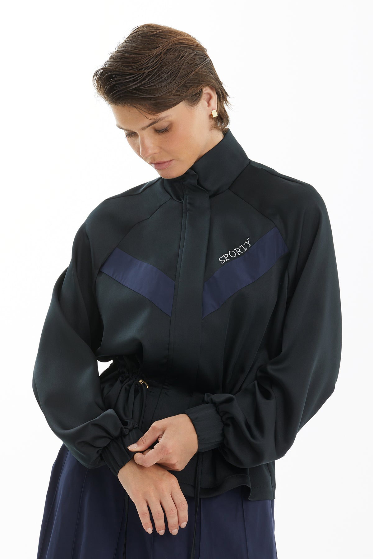 Black Drawstring Waist Jacket and Skirt Tracksuit Set