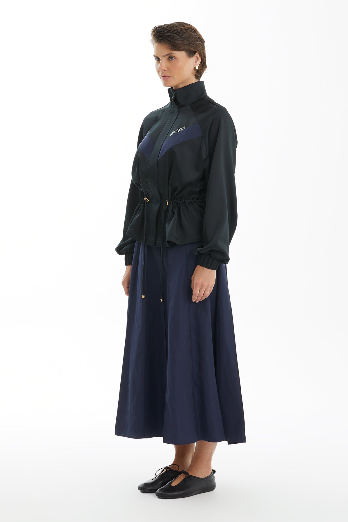 Black Drawstring Waist Jacket and Skirt Tracksuit Set