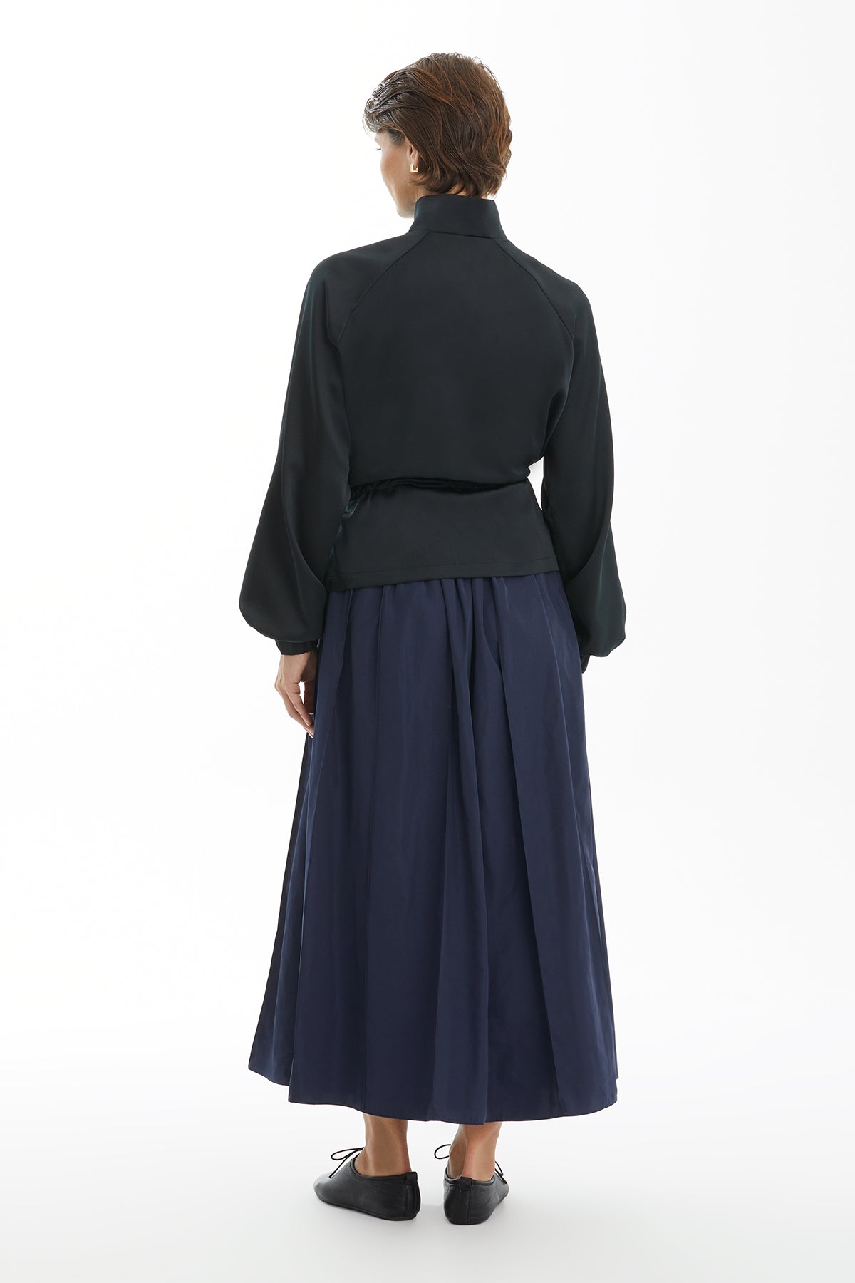 Black Drawstring Waist Jacket and Skirt Tracksuit Set