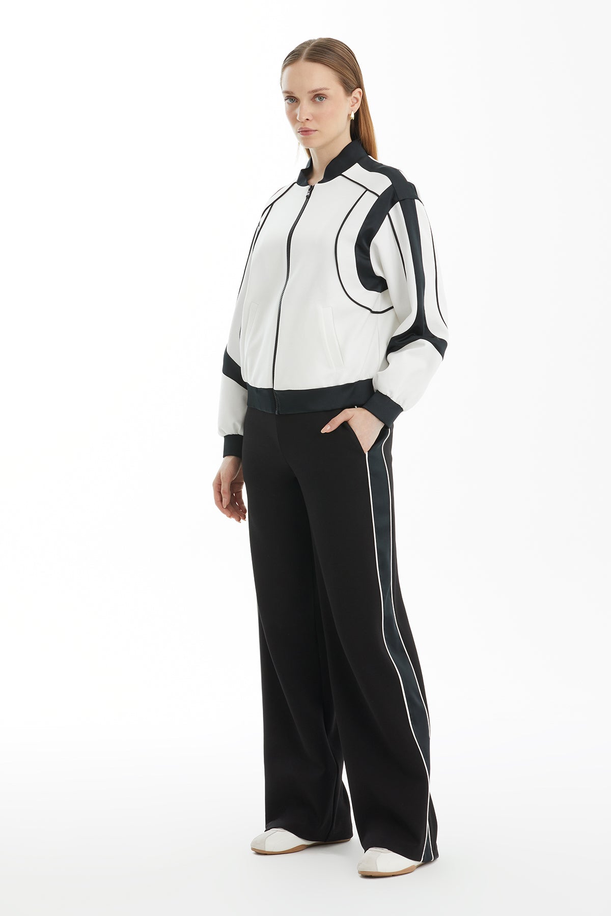 Ecru Tracksuit with Satin Trim Detail
