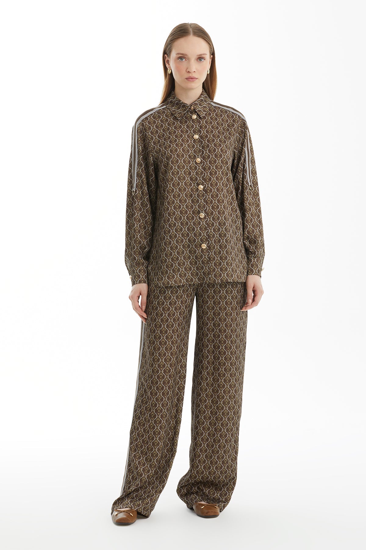 Brown Patterned Pajama Set with Trim Accessory Detail