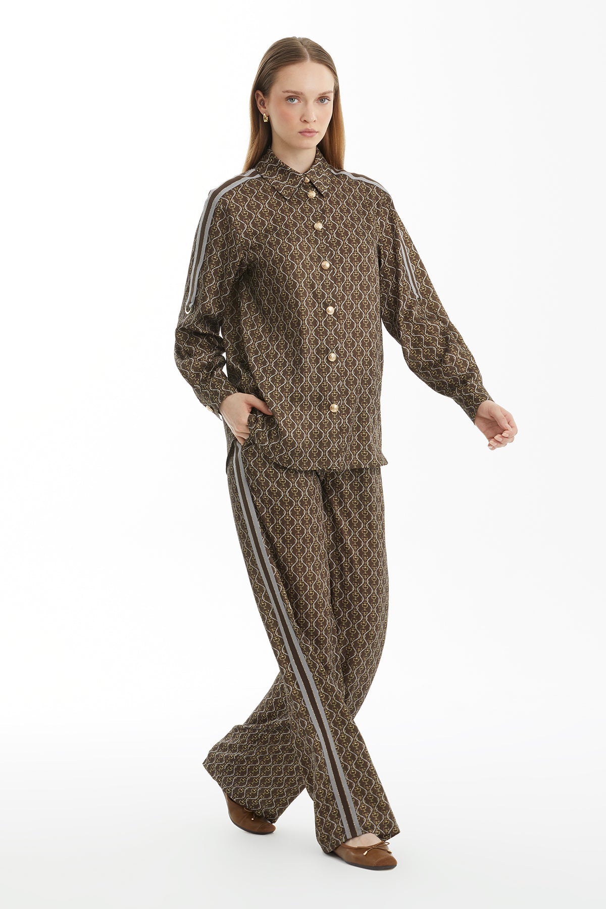 Brown Patterned Pajama Set with Trim Accessory Detail