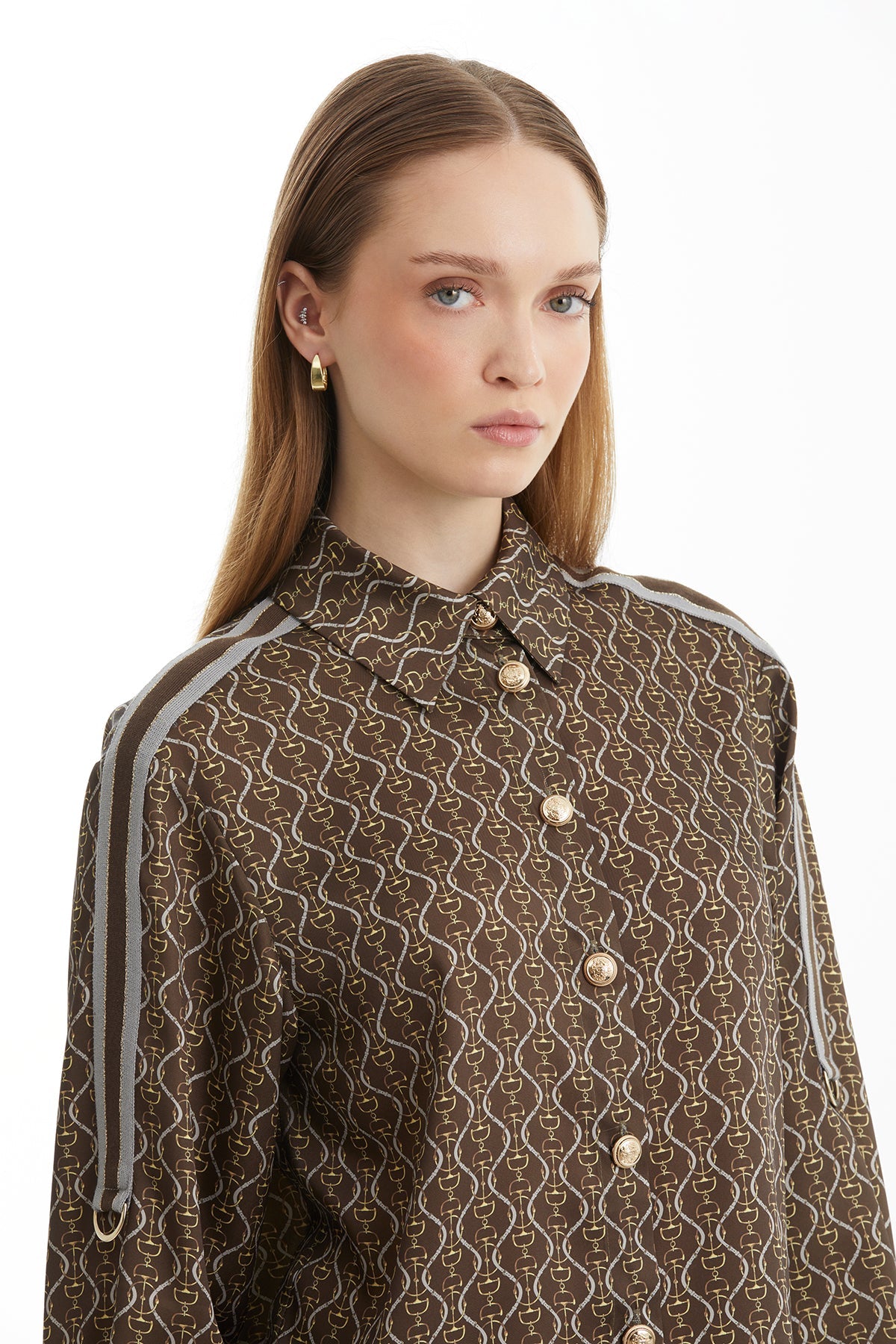 Brown Patterned Pajama Set with Trim Accessory Detail