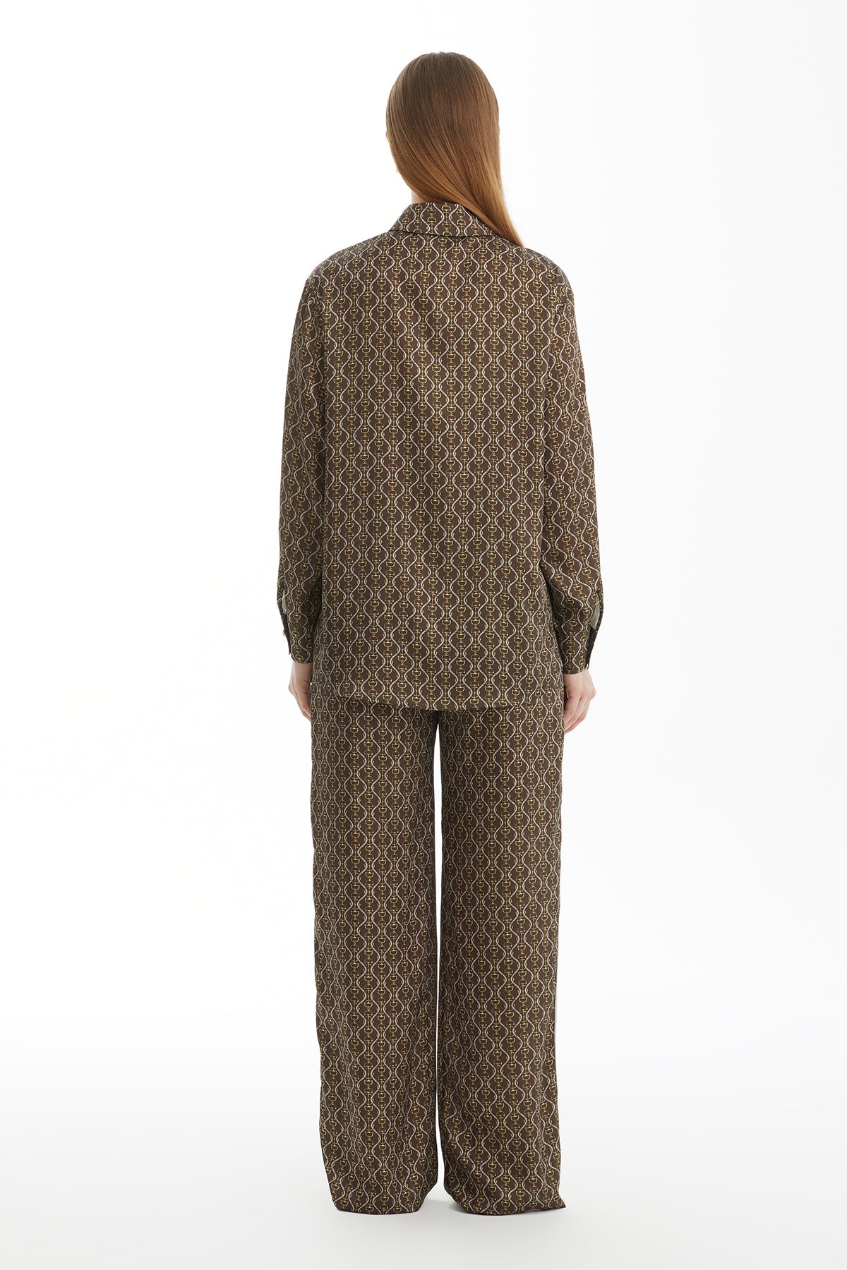 Brown Patterned Pajama Set with Trim Accessory Detail