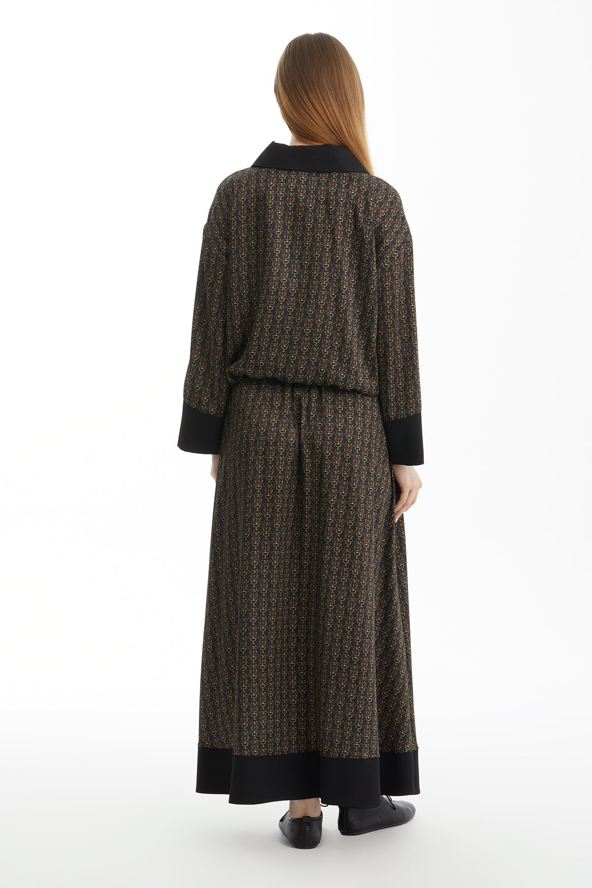 Black Patterned Skirt Set with Accessory Detail