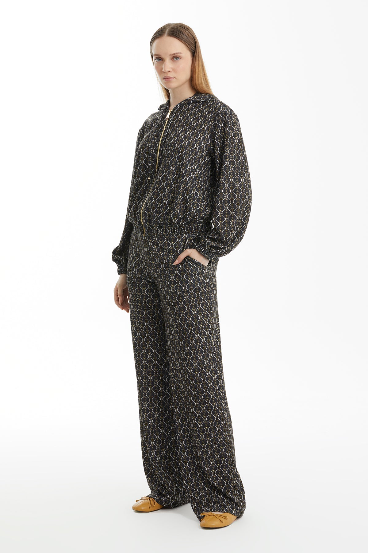 Black Hooded Patterned Tracksuit