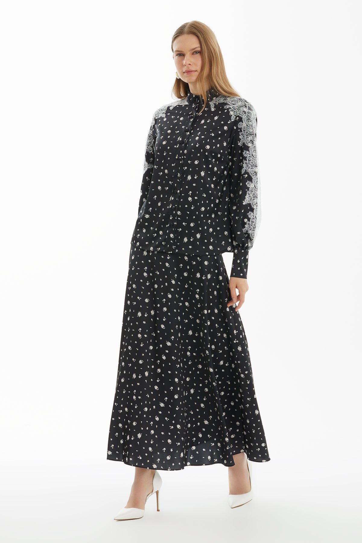 Black Skirt Set with Lace Trim Detail