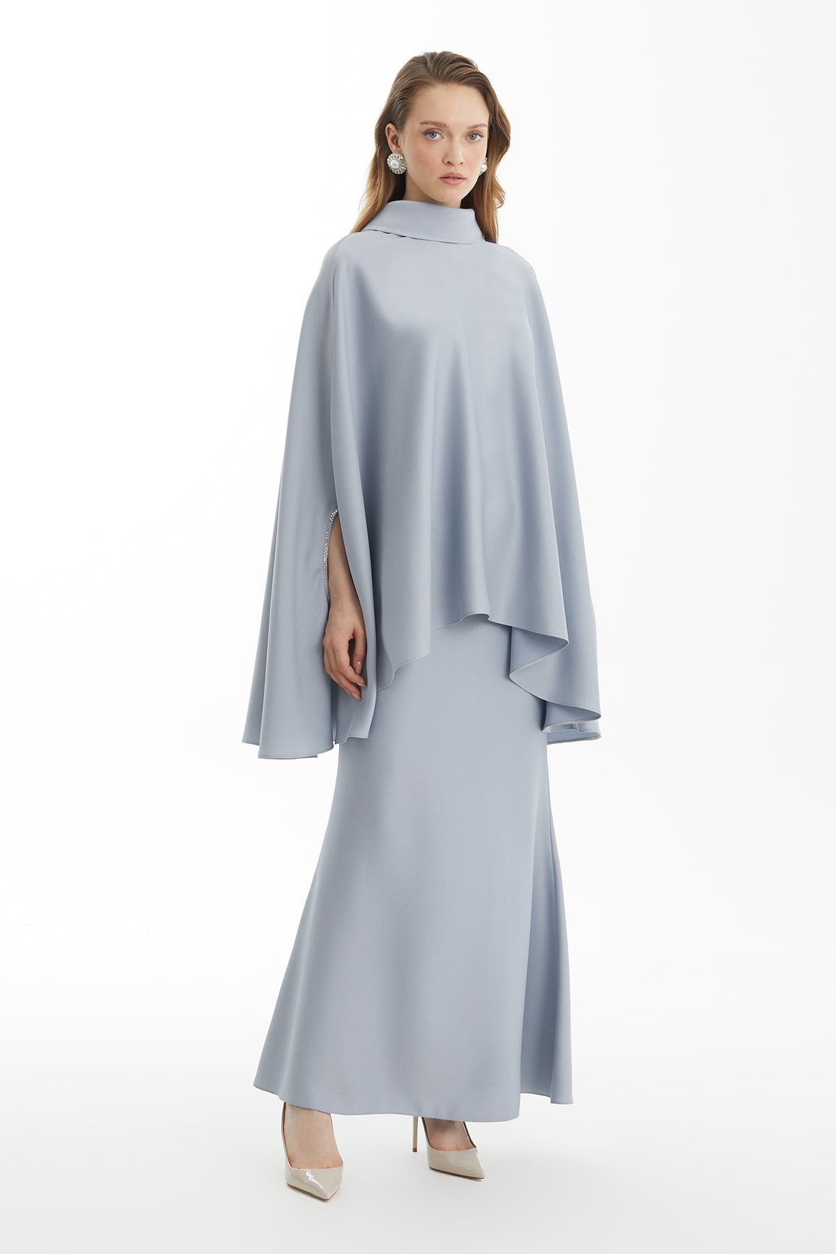 Grey Cape Sleeve Blouse and Skirt Set