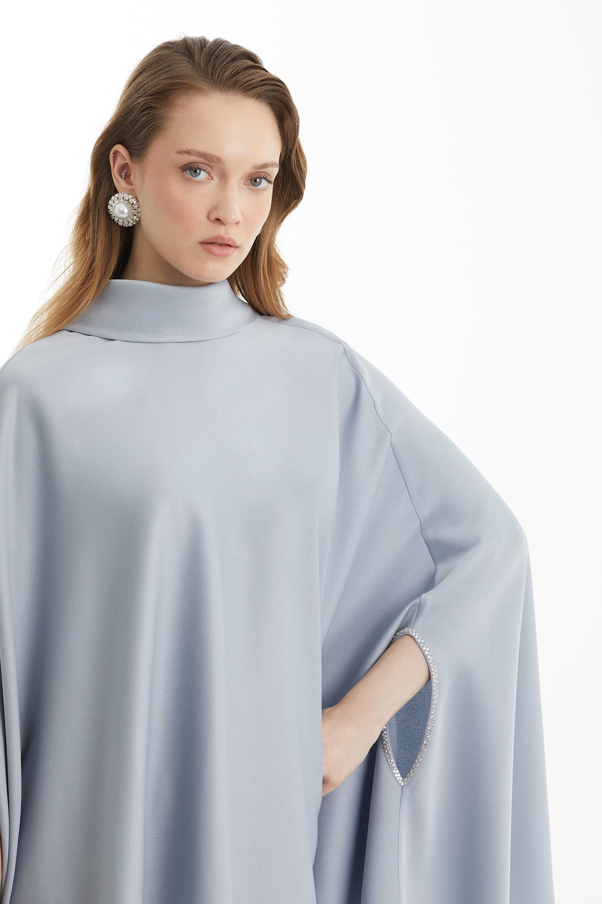 Grey Cape Sleeve Blouse and Skirt Set