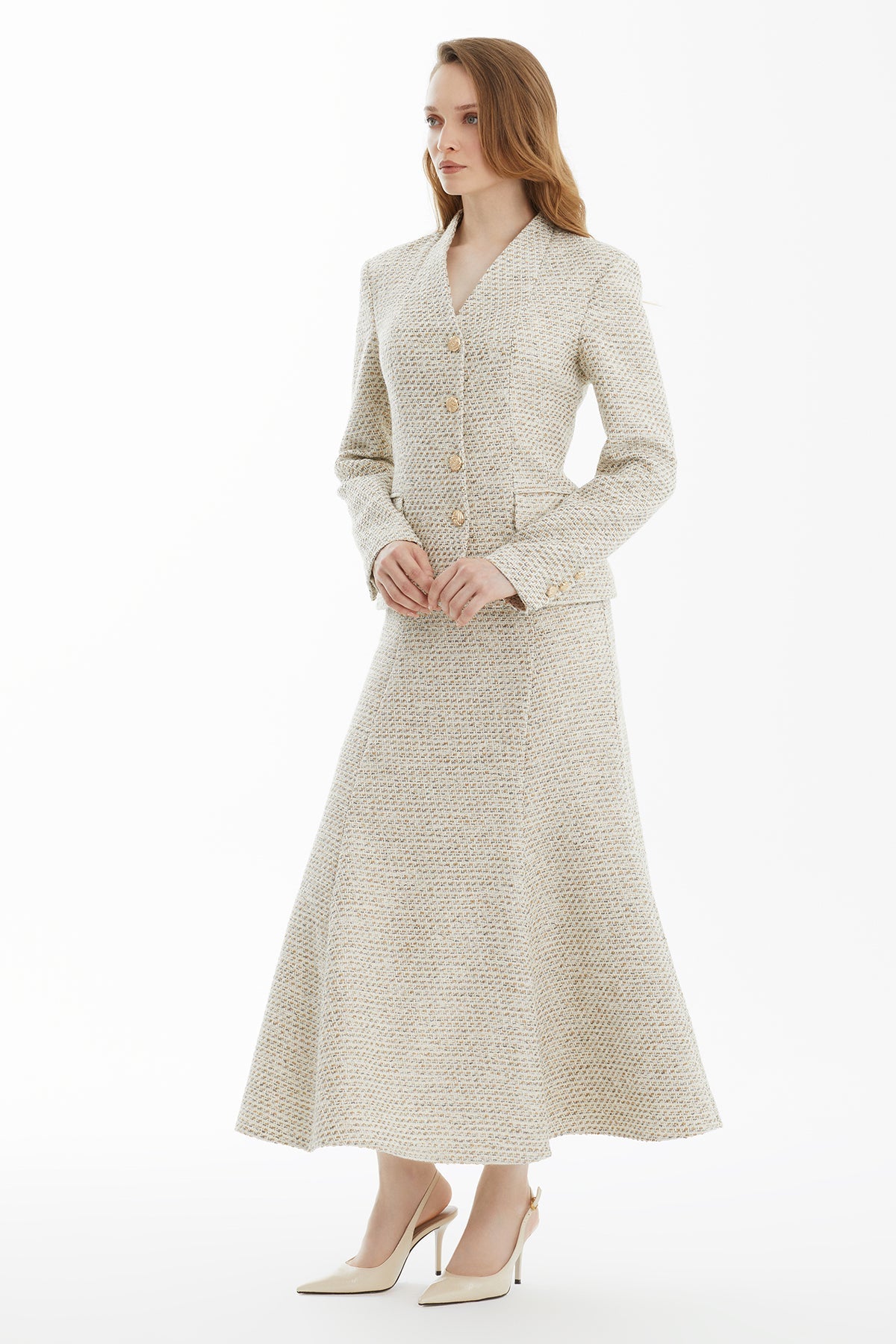 Ecru Tweed Textured Skirt Set