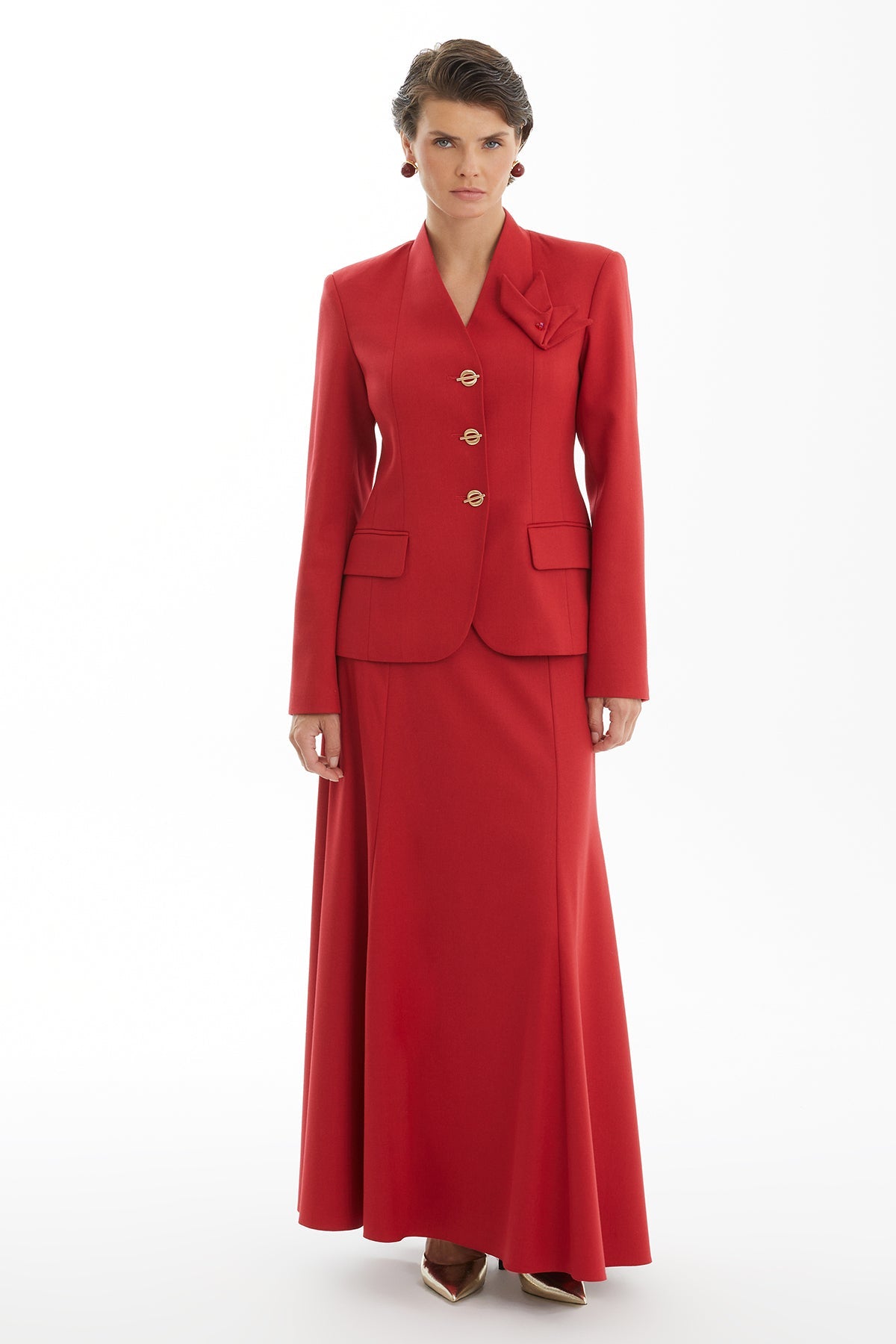 Red Skirt Set with Handkerchief Brooch Detail