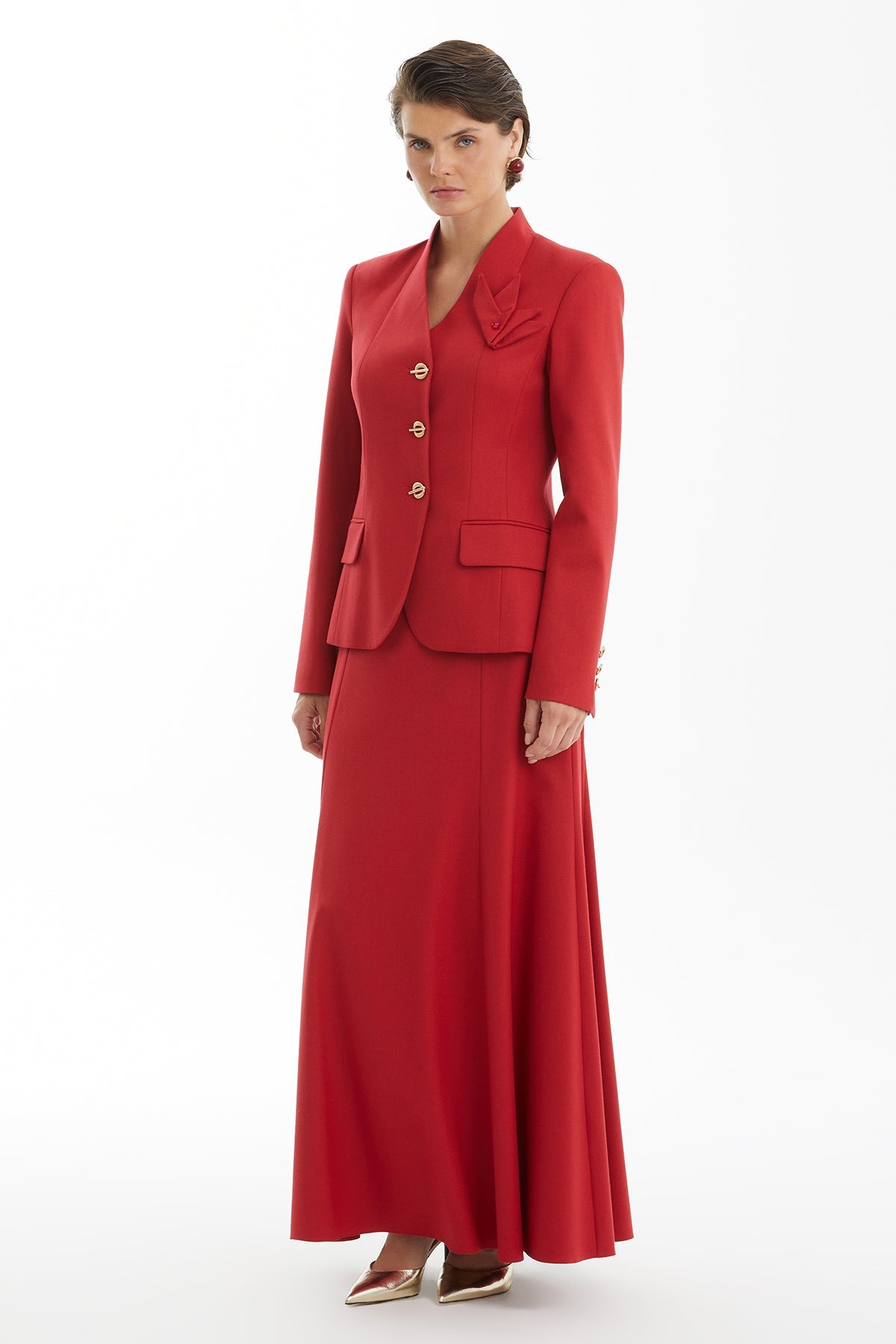 Red Skirt Set with Handkerchief Brooch Detail