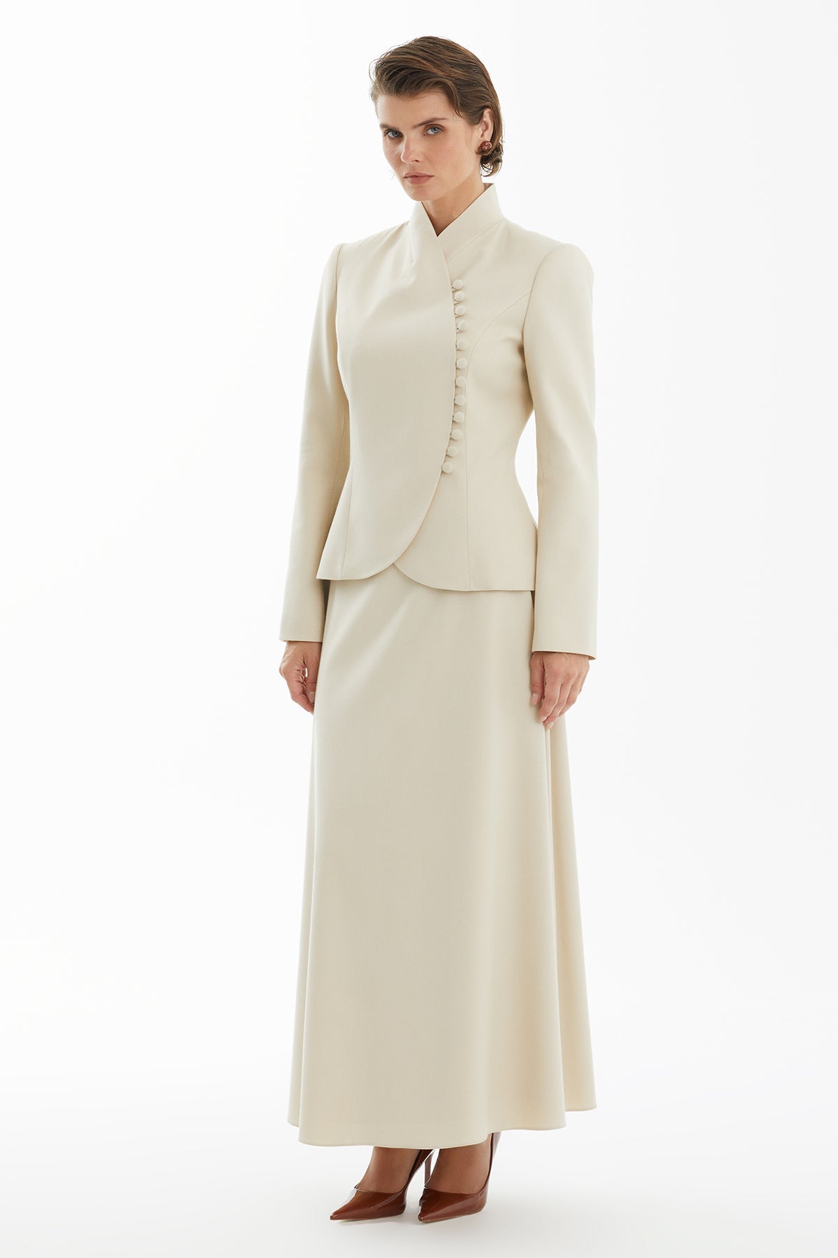 Ecru Skirt Set with Loop Button Detail