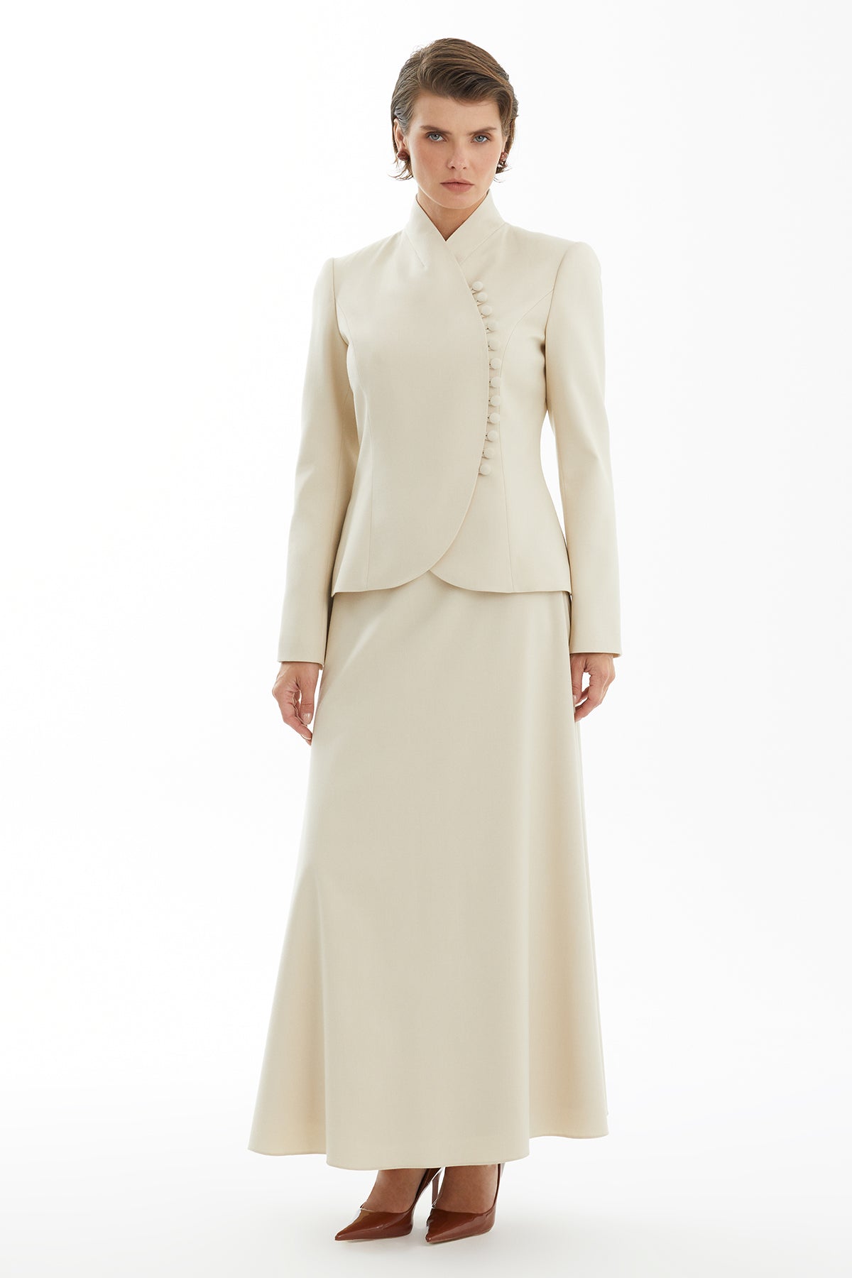 Ecru Skirt Set with Loop Button Detail
