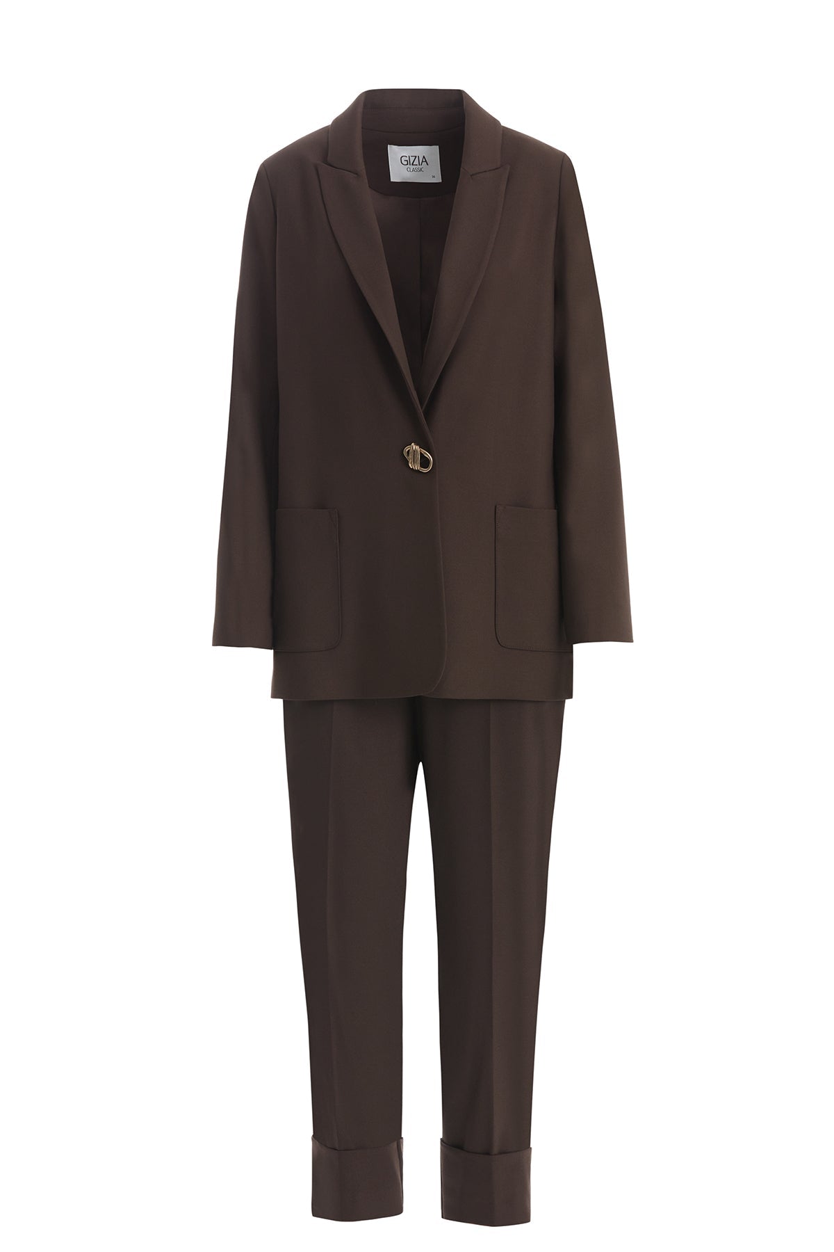 Brown Trouser Set with Single Button Detail