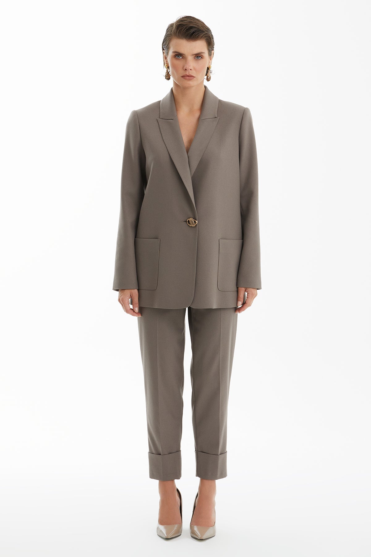 Beige Trouser Set with Single Button Detail