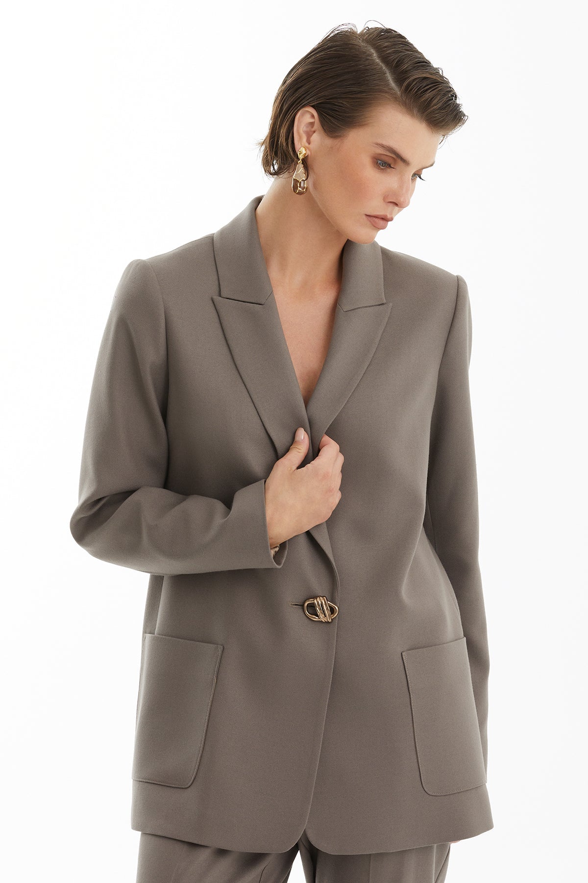 Beige Trouser Set with Single Button Detail