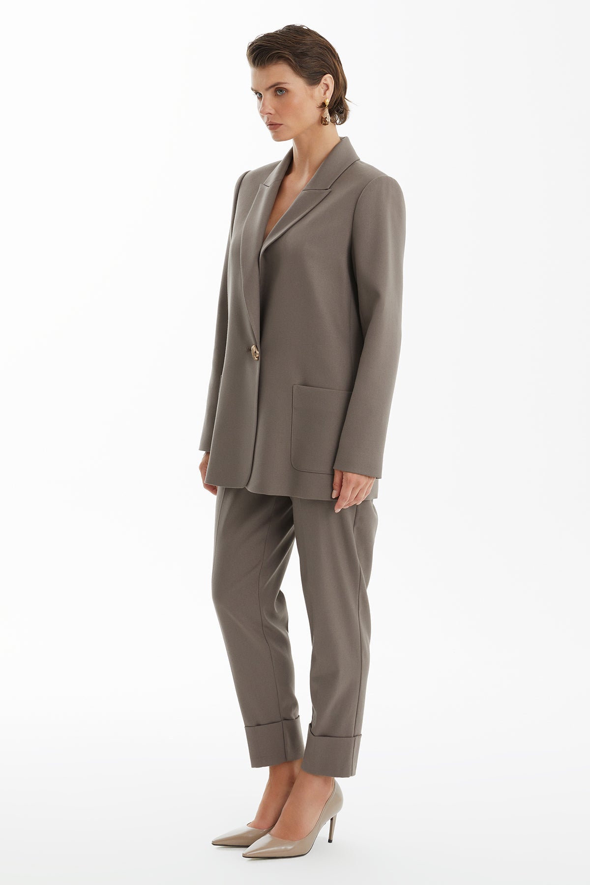 Beige Trouser Set with Single Button Detail