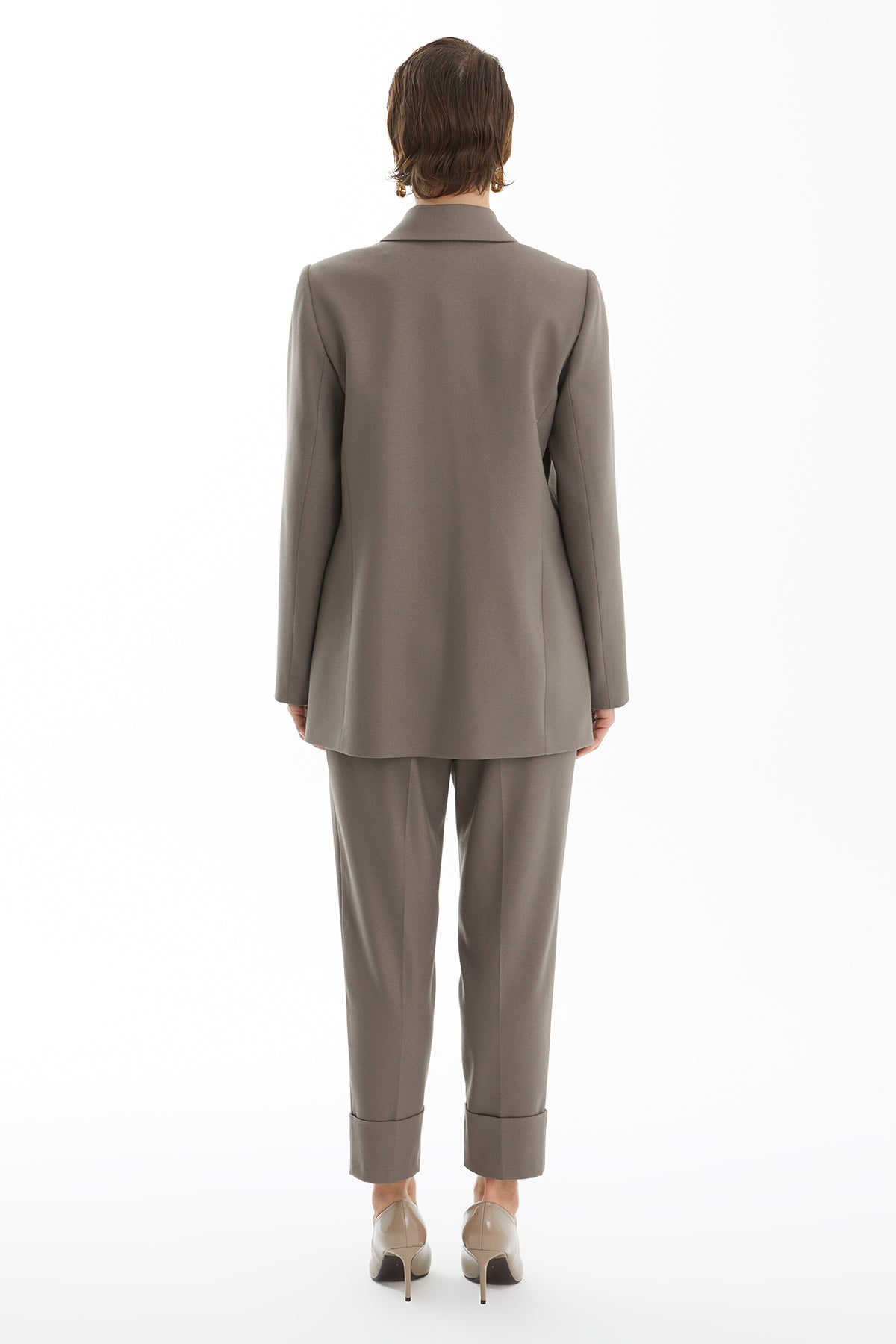 Beige Trouser Set with Single Button Detail